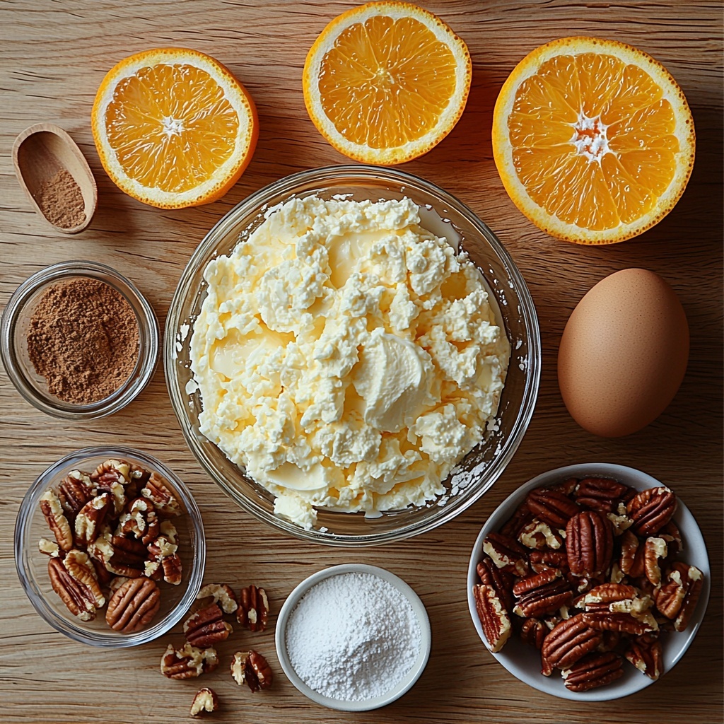 yellow cake mix box (bright yellow packaging), instant vanilla pudding mix packet (soft cream color), glass bowl with creamy white sour cream, four large brown eggs, small glass bowl with golden vegetable oil, small glass bottle with amber vanilla extract, fresh orange (one whole with bright orange peel and one half showing juicy flesh), small clear bowl of chopped pecans with rich brown tones, light brown sugar mound with fine texture, heap of warm brown ground cinnamon, small white bowl of powdered sugar, fresh orange zest sprinkled on a white ceramic plate; all ingredients carefully spaced on a clean, light wood surface with soft natural lighting emphasizing warm tones and varied textures; wooden spoon and electric mixer beaters casually placed nearby for context; shadows subtle and soft, styling modern rustic with minimal props, sharp focus on vibrant colors and ingredient detail, overhead shot, top down view, flat lay photography, professional food styling --ar 1:1 --q 2 --s 750 --v 6.1
