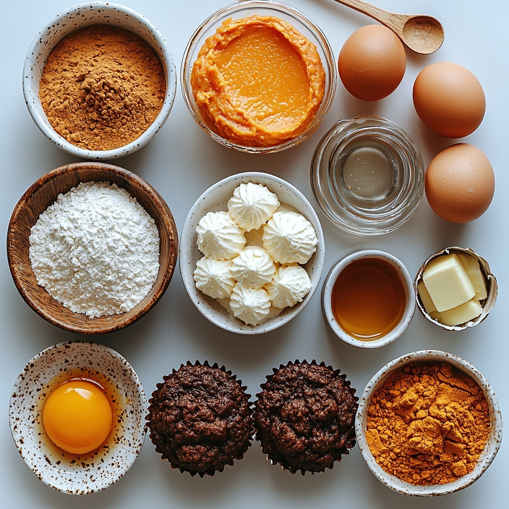 a clean, bright surface with all main ingredients for pumpkin cheesecake muffins arranged neatly for a flat lay photo: a small mound of all-purpose flour with a silver teaspoon of baking soda and a small heap of pumpkin pie spice next to it, a pinch of salt in a tiny white dish; a bowl of smooth orange pumpkin puree, two large brown eggs with a slight sheen; a rustic bowl holding light and dark brown sugars side by side, a clear small glass bowl with golden vegetable oil; a small bottle or vial of vanilla extract; an elegantly softened block of full-fat cream cheese on a white ceramic plate, next to a small bowl with extra granulated sugar and a separate ramekin holding an egg yolk; textures include the powdery flour, glossy pumpkin puree, shiny eggshells, and creamy, smooth cream cheese; warm autumnal color palette of orange, cream, gold, and browns; ingredients spaced with breathing room on a crisp white background; natural soft daylight with gentle shadows to highlight texture and freshness; subtle rustic props like a wooden spoon or vintage teaspoon nearby for styling, minimalistic and clean aesthetic; overhead shot, top down view, flat lay photography, professional food styling --ar 1:1 --q 2 --s 750 --v 6.1