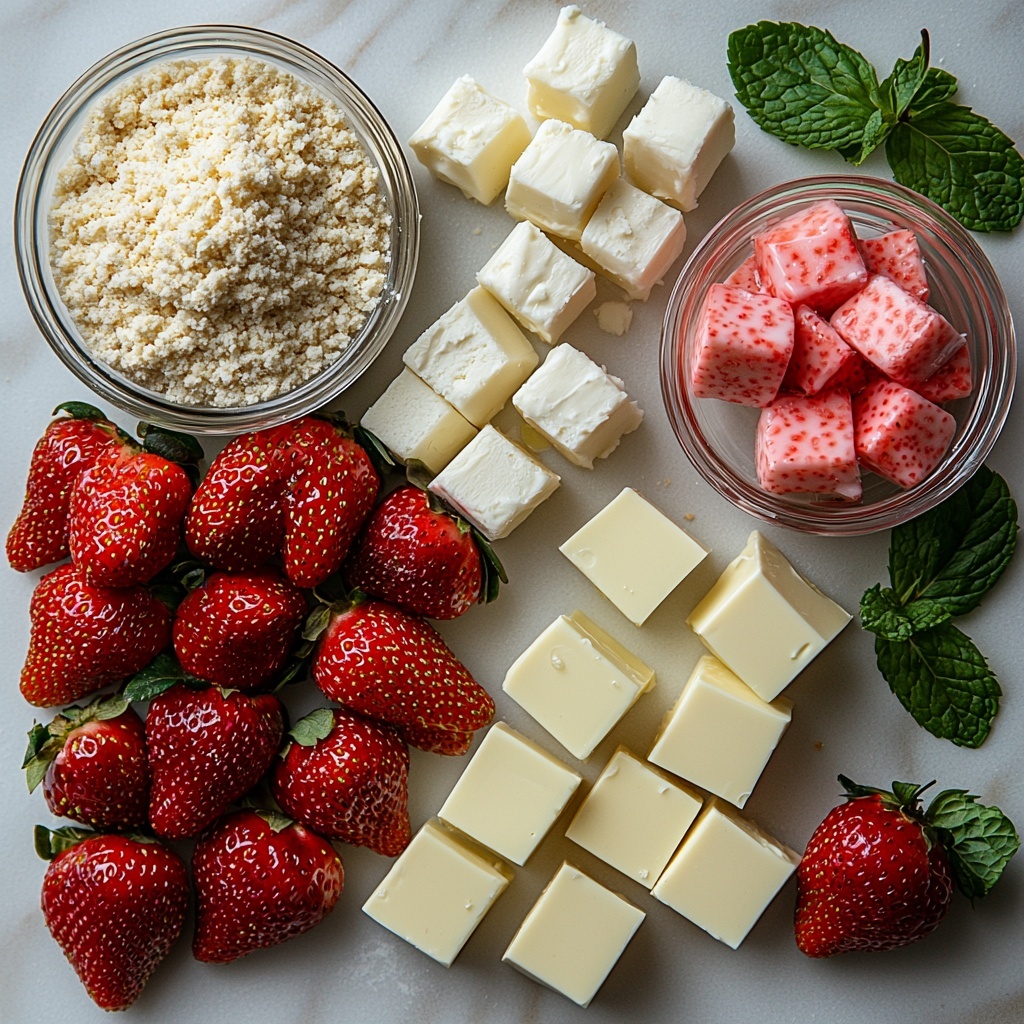 /Imagine prompt: A clean, bright flat lay of all the main ingredients for strawberry cheesecake truffles arranged neatly on a smooth white surface. On one side, a small bowl of golden-brown graham cracker crumbs with a slightly coarse, sandy texture. Next to it, a block of creamy full-fat brick cream cheese with a smooth, velvety surface. Nearby, a small glass bowl filled with fine, white confectioners’ sugar that looks soft and powdery. Scattered delicately beside it, tiny cubes of vibrant red and juicy strawberries, their fresh, slightly glossy texture contrasting with the dry ingredients. A pile of roughly chopped white chocolate chunks with a glossy, creamy ivory shine sits prominently nearby. A small dish with a single drop of bright red or pink food coloring adds a pop of vivid color. The ingredients are styled with a few mint leaves and soft natural lighting highlighting the subtle textures and colors, casting gentle shadows for depth. The composition is balanced and airy, with clean lines and negative space enhancing the minimal, fresh aesthetic. Overhead shot, top down view, flat lay photography, professional food styling --ar 1:1 --q 2 --s 750 --v 6.1