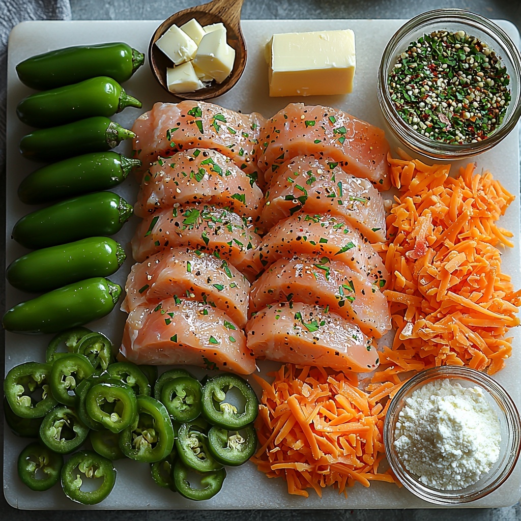 Jalapeño Popper Chicken ingredients neatly arranged on a clean white marble surface for an overhead flat lay photo. Fresh green jalapeños, diced and whole, with their shiny, smooth skin vibrant against the backdrop. Three bright green onions, sliced into thin rings and laid out in a small neat pile. Two boneless, skinless chicken breasts, raw with a slight sheen, seasoned with visible flakes of salt, pepper, and a dusting of reddish paprika. A small mound of golden olive oil in a glass dish beside two tablespoons of creamy butter with a soft texture. A small bowl of bright orange shredded cheddar cheese with a slightly crumbly texture, next to cubes of softened white cream cheese. Three cloves of garlic, peeled and minced, their papery skins nearby. Five strips of crispy, roughly chopped bacon showing rich reddish-brown color and crackling texture. A small pile of white flour with a soft, powdery texture. A measuring cup containing golden-brown chicken broth with a few herbs floating on top, alongside a tiny cube of chicken bouillon and a small glass jar of fiery hot sauce with deep red hues. Small bowls holding finely ground oregano, mustard powder, parsley flakes, and onion powder, each adding subtle earth tones and textures. The ingredients arranged with balanced spacing and color contrast to highlight freshness and variety. Soft natural lighting from the side, creating gentle shadows that define textures, styled with minimal rustic props like a wooden spoon and linen napkin nearby for warmth and context. overhead shot, top down view, flat lay photography, professional food styling --ar 1:1 --q 2 --s 750 --v 6.1