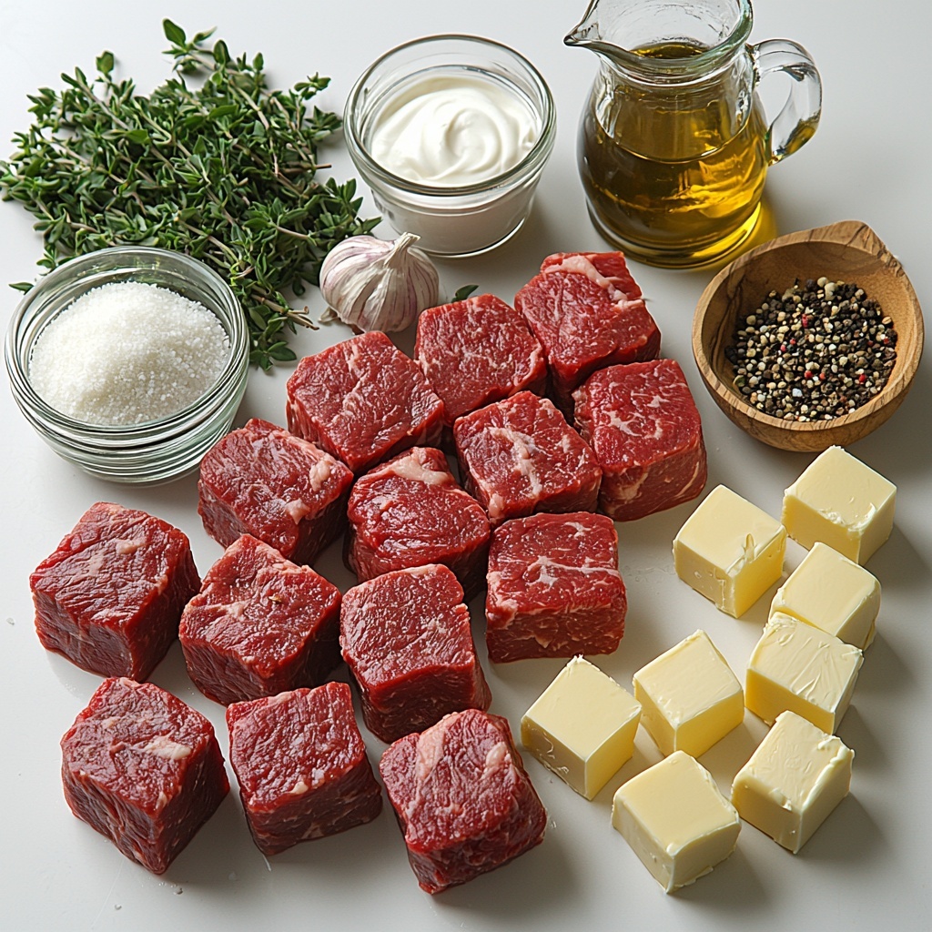 sirloin steak cubes raw deep red marbled beef, small glass bowl of olive oil golden yellow clear, garlic cloves whole creamy white and minced in a small dish, softened butter pale yellow chunks, fresh thyme sprigs vibrant green leaves, smoked paprika bright rusty red powder in a wooden spoon, coarse salt crystals white, ground black pepper black specks, uncooked shell pasta pale beige curved shapes in a neat pile, heavy cream in a small glass jug pure white smooth liquid, grated Parmesan cheese finely textured pale cream in a bowl, chopped fresh parsley bright green finely chopped scattered, all ingredients arranged neatly on a clean white matte surface with natural soft daylight illuminating textures and colors, minimalistic rustic style with small wooden spoons and clear glass bowls, slight shadows for depth, vivid colors contrasting with white background, ingredients spaced evenly with overlapping edges for visual interest, overhead shot, top down view, flat lay photography, professional food styling --ar 1:1 --q 2 --s 750 --v 6.1