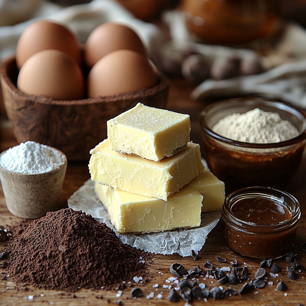 unsalted butter cube wrapped partially in parchment paper, glass bowl of glossy granulated and packed brown sugars side by side showing contrasting textures, four large brown eggs with smooth shells arranged in a slight arc, small glass vial of amber vanilla extract, fine powdery unsweetened cocoa in a white ceramic bowl, heap of all-purpose flour with soft, fluffy texture in a rustic bowl, small wooden scoop filled with baking powder next to a tiny ceramic dish of fine salt crystals, glossy thick caramel sauce in a small clear jar with rich golden brown color, all ingredients thoughtfully spaced on a clean, light wood surface with natural soft lighting highlighting the warm browns and creamy whites, subtle shadows adding depth, minimalist styling with a touch of rustic charm, delicate linen napkin folded casually on one corner, overhead shot, top down view, flat lay photography, professional food styling --ar 1:1 --q 2 --s 750 --v 6.1
