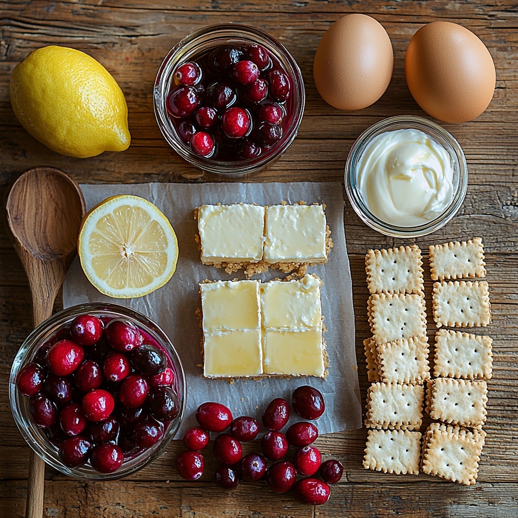 A clean, pale wooden surface arranged with the main ingredients for a cranberry cheesecake tart: glossy fresh cranberries in a small clear glass bowl, a small jar of rich amber maple syrup glistening, a halved lemon showing fresh bright yellow flesh next to a small splash of lemon juice in a glass container; two blocks of creamy, smooth reduced-fat cream cheese sitting on parchment paper, a small bowl of light sour cream with silky texture, a single large brown egg with smooth shell, a vintage wooden spoon holding golden melted butter, a small white bowl with fine granulated sugar sparkling under the light, a small pile of golden brown lightly toasted pecan halves with textured ridges, and six whole rectangular graham crackers stacked neatly with rough honeycomb texture visible; a teaspoon with pale vanilla extract in a small glass dish; all arranged in a balanced, harmonious layout with natural soft daylight illuminating the varied colors and textures, subtle shadows adding depth, minimal props to keep focus on ingredients, styled with rustic charm and modern simplicity, overhead shot, top down view, flat lay photography, professional food styling --ar 1:1 --q 2 --s 750 --v 6.1