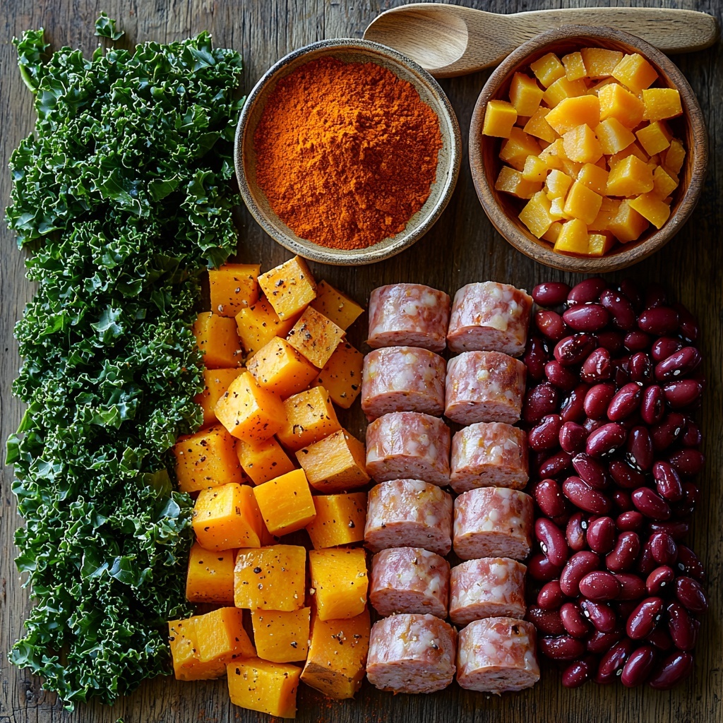 turkey sausage slices arranged in a neat pile, diced bright orange sweet potato cubes scattered nearby, chopped fresh kale leaves with vivid deep green color fanned out, a small bowl of dark red kidney beans, minced garlic cloves in a tiny heap, roughly chopped yellow onion pieces in a small mound, a wooden spoon with a drizzle of golden olive oil, small piles of paprika (warm red), ground cumin (earthy brown), ground coriander (light tan), and chipotle chili powder (smoky reddish-brown) dusted artistically on the surface, coarse salt and freshly ground black pepper scattered lightly around for texture, all ingredients placed on a clean, smooth light wooden surface that enhances the natural colors, soft natural lighting creating gentle shadows and highlighting the textures, composition balanced and spacious with rustic kitchen props subtly placed at the edges for warmth and authenticity, overhead shot, top down view, flat lay photography, professional food styling --ar 1:1 --q 2 --s 750 --v 6.1