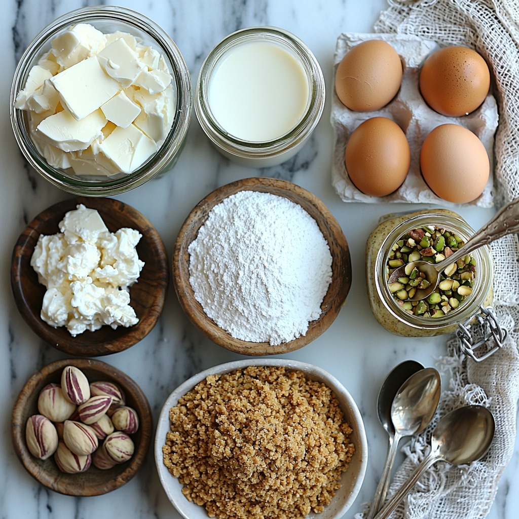 2 cups graham cracker crumbs in a small rustic bowl, ⅓ cup finely chopped vibrant green pistachios scattered loosely nearby, a ¼ cup white granulated sugar in a clear glass jar with a silver spoon, ½ cup melted golden salted butter in a small clear pouring jug, a block of smooth full-fat cream cheese at room temperature on a white ceramic plate, 1 cup granulated sugar in a delicate white bowl, 1 cup heavy cream in a transparent measuring cup showing creamy texture, a small jar of pale green pistachio spread with a silver spreader resting on the rim, 2 teaspoons vanilla extract in a small dark glass bottle, 3 large fresh eggs with glossy shells arranged in a neat line, a few extra chopped pistachios sprinkled artistically around for texture contrast; all ingredients thoughtfully spaced and balanced on a clean white marble surface with soft natural light highlighting the subtle textures and creamy colors, minimal shadows, slight rustic wooden utensils and linen napkin included to add warmth and depth, overhead shot, top down view, flat lay photography, professional food styling --ar 1:1 --q 2 --s 750 --v 6.1