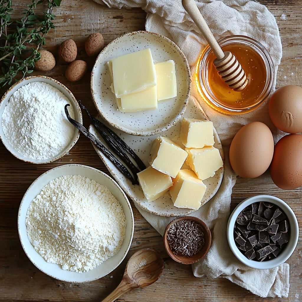 a clean, light wooden surface neatly arranged with all the main ingredients for honey vanilla brioche rolls: a small glass bowl of whole milk reflecting soft light, a dish of pale yellow soft unsalted butter, a small jar of golden honey with a honey dipper resting beside it, a vanilla bean pod split open showing tiny black seeds on a white ceramic plate, two large brown eggs in an open carton, a small white bowl of sparkling white granulated sugar, a heap of fine all-purpose flour on a white porcelain plate dusted lightly around the edges, a small container of instant dry yeast granules, a teaspoon of fine salt displayed on a rustic spoon, a separate bowl with light brown packed sugar showing its texture, a small glass of creamy 2% milk with soft highlights, a chunk of buttery unsalted butter sitting on parchment paper, a scattering of very finely chopped dark semisweet chocolate pieces adding contrast, all arranged organically yet balanced with delicate green herbs in the corner for freshness and a linen napkin folded gently off to the side, soft natural window light casting subtle shadows, warm inviting color palette emphasizing creamy whites, golden yellows, and rich browns, textures ranging from smooth liquids and soft butter to granular sugars and flour powder, casual yet artful spread emphasizing each ingredient’s unique qualities and freshness, overhead shot, top down view, flat lay photography, professional food styling --ar 1:1 --q 2 --s 750 --v 6.1