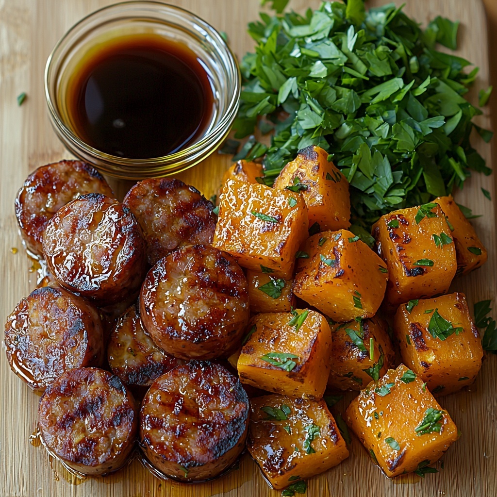 Smoked sausage sliced into thick coins with a rich reddish-brown color and slightly glossy surface, medium sweet potatoes peeled and cubed showing vibrant orange flesh with smooth texture, small glass bowl of golden honey glistening under soft light, three garlic cloves peeled and minced finely with a slightly translucent appearance, small dish of dark soy sauce with reflective surface, two tablespoons of olive oil or butter in a small clear bowl exhibiting a glossy yellow sheen, fresh chopped parsley with bright green leaves sprinkled loosely nearby. All ingredients carefully arranged on a clean, light beige or natural wood surface to enhance warm tones, spaced evenly with some overlapping edges to create visual flow, minimal shadows and gentle natural lighting highlighting textures and colors. Include subtle props like a sleek wooden spoon and a neutral-toned linen napkin to add warmth and depth. Overhead shot, top down view, flat lay photography, professional food styling --ar 1:1 --q 2 --s 750 --v 6.1
