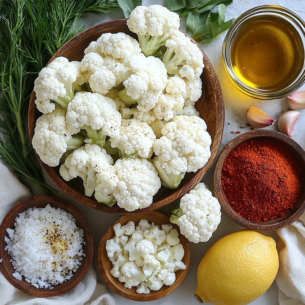 A clean white surface with ingredients neatly arranged for an overhead flat lay photo: fresh cauliflower florets, creamy white with textured curds, grouped in a small wooden bowl; a small glass bowl with golden olive oil shimmering under soft light; a tiny rustic dish containing a blend of spices — paprika in vibrant red, garlic powder pale beige, salt and black pepper specks scattered delicately; a bright yellow lemon whole with smooth glossy skin placed next to a half lemon showing juicy pulp; natural linen napkin softly folded nearby for subtle texture contrast; warm, natural daylight highlighting the colors and textures, minimal shadows for a clean, fresh look, harmonious spacing creating visual balance — overhead shot, top down view, flat lay photography, professional food styling --ar 1:1 --q 2 --s 750 --v 6.1