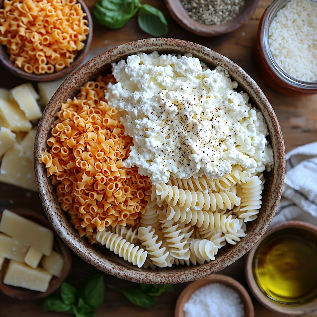 A clean, bright surface featuring all the main ingredients for Whipped Cottage Cheese Mac and Cheese artfully arranged in a flat lay style. Neatly coiled dry pasta in a small bowl with a smooth, creamy white half-cup of full-fat cottage cheese placed nearby in a rustic ceramic dish. A small heap of vibrant, shredded sharp cheddar cheese showcasing rich orange tones contrasts beautifully with the pale cottage cheese. A little glass bowl holds fine, golden panko breadcrumbs with a sprinkling of greenish Italian seasoning flakes visible on top. Small ceramic spoons or ramekins contain the ½ teaspoon sea salt and ¼ teaspoon salt, both showing fine, white crystalline textures. A small measuring cup or dish holds glossy, light green avocado oil, catching soft light to emphasize its smooth texture. All elements spaced deliberately, some accompanied by simple linen napkins and natural wooden utensils to add warmth and rustic charm. Soft natural lighting enhances the bright colors and varied textures — the creamy softness of cheeses, crunchy breadcrumbs, and smooth oil — with gentle shadows providing depth. Minimalistic styling focuses on clean lines and fresh, inviting colors. Overhead shot, top down view, flat lay photography, professional food styling --ar 1:1 --q 2 --s 750 --v 6.1