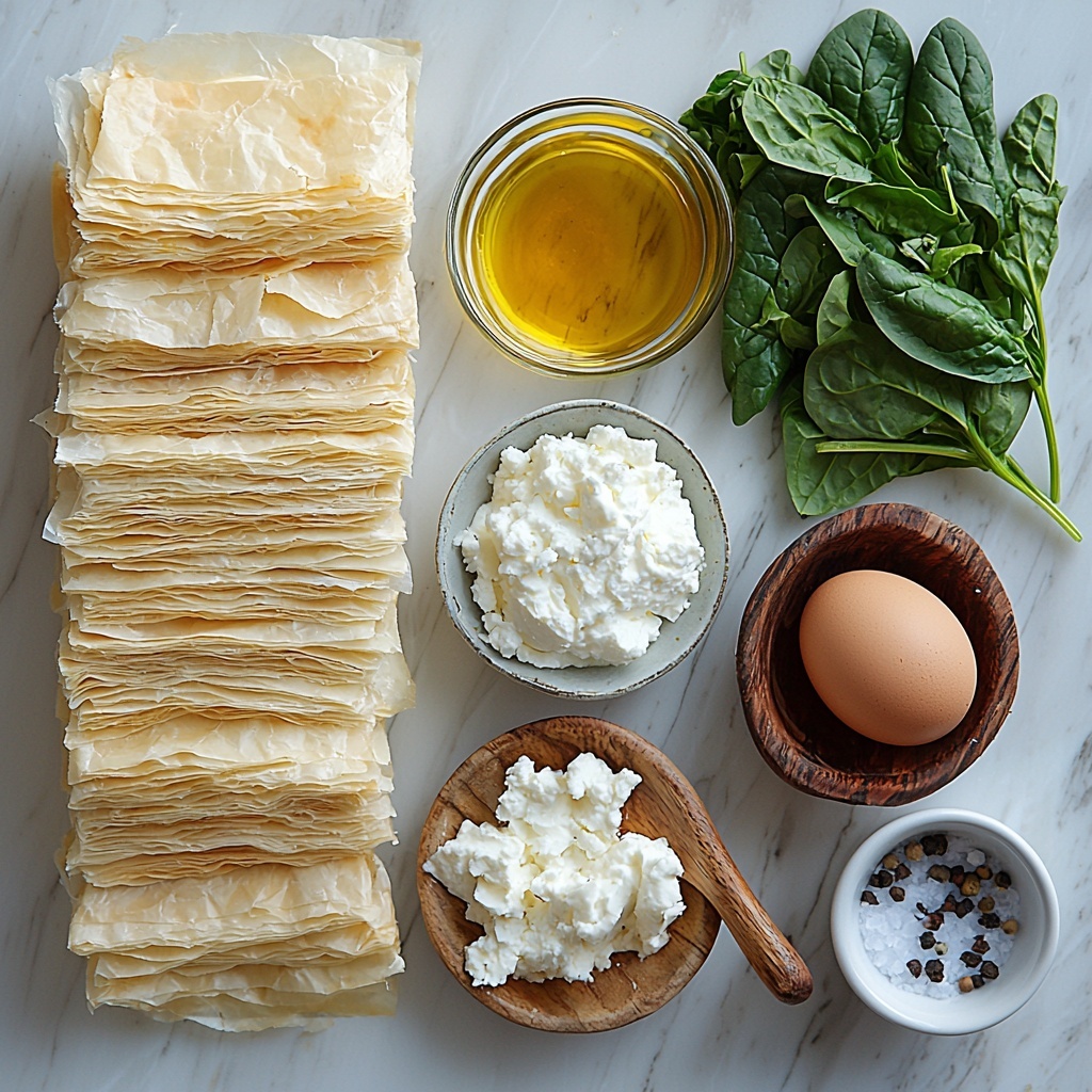 phyllo dough sheets neatly stacked and slightly fanned out, golden pale beige with thin, delicate layers; small glass bowl of vibrant green finely chopped fresh spinach leaves, fresh and leafy texture; rustic small bowl with crumbly white feta cheese chunks, slightly rough texture; smooth creamy off-white ricotta cheese dollop on a ceramic spoon; raw large brown egg with smooth glossy shell placed next to the cheeses; small white dish of finely chopped deep red sun-dried tomatoes with a slightly leathery texture; tiny heap of minced garlic cloves, creamy off-white and finely textured; slender glass bottle of rich golden olive oil with a slight sheen and drizzled drops nearby; small wooden bowl of mixed salt crystals and cracked black peppercorns with contrasting white and black specks; sprigs of fresh bright green parsley or thyme with delicate leaves for garnish, scattered lightly; all ingredients artfully arranged on a clean white marble surface with soft natural light highlighting vivid colors and textures, gentle shadows adding depth, styled with minimal rustic props like a linen napkin and wooden utensils for warm inviting feel, overhead shot, top down view, flat lay photography, professional food styling --ar 1:1 --q 2 --s 750 --v 6.1