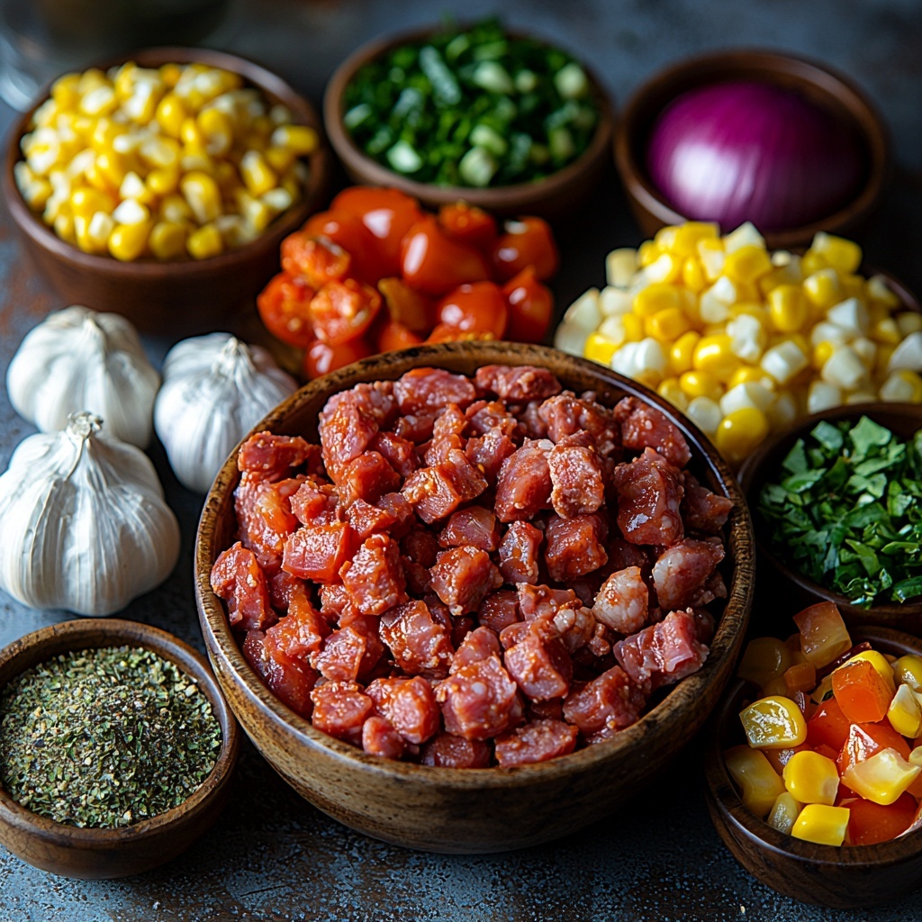 Lean ground beef in a small rustic bowl showing rich red color and marbled texture, sliced kielbasa arranged in a neat semi-circle with its reddish-brown glossy surface, finely chopped half onion spread in a small pile with crisp white and purple hues, two garlic cloves peeled and whole resting nearby, drained diced tomatoes in a bright red vibrant heap, canned pinto beans with creamy beige tones and glossy skin visible in a small bowl, whole kernel corn kernels vibrant yellow and shiny arranged in a small dish, diced tomatoes with green chiles showing red and green flecks in a contrasting pile, two cups diced potatoes with pale yellow flesh and rough cut edges, frozen mixed veggies partially thawed showcasing a mix of green, orange, and yellow colors, a small glass of clear water, small rustic bowls containing ground cumin, dried oregano, paprika, chili powder, and red chili flakes each displaying their distinct warm colors from brown to deep red, and small salt and pepper piles arranged delicately on a clean white textured surface. Ingredients are symmetrically spread out with balanced color distribution, natural lighting highlighting textures and freshness, slight shadows adding depth, minimal props, clean and modern aesthetic. Overhead shot, top down view, flat lay photography, professional food styling --ar 1:1 --q 2 --s 750 --v 6.1