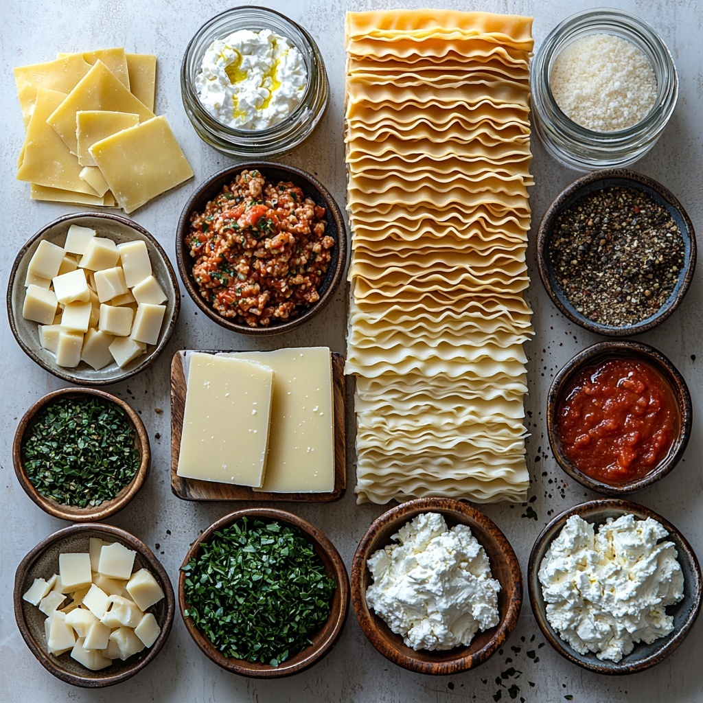 ultimate million dollar creamy beef lasagna ingredients flat lay on a clean white surface, arranged neatly in separate bowls and small piles: vibrant golden olive oil in a small glass bowl, finely diced translucent onion next to a cluster of peeled garlic cloves, raw ground beef in a rustic ceramic dish with coarse salt and black pepper sprinkled nearby, small wooden spoons holding Italian seasoning and paprika powders in warm earthy tones, a glass jar of rich red marinara sauce with visible tomato chunks, neatly stacked cooked lasagna noodles with a smooth matte texture, creamy white ricotta cheese and softened cream cheese in rustic bowls with soft folds, a bowl of off-white sour cream with a velvety surface, shredded mozzarella cheese in a small heap showing soft stretchiness, grated pale yellow Parmesan cheese finely grated in a small ceramic ramekin, fresh bright green chopped parsley sprinkled artfully, all ingredients evenly spaced with natural daylight highlighting texture and color contrasts, soft shadows and slight reflections on the white surface, minimalistic modern kitchen vibe, overhead shot, top down view, flat lay photography, professional food styling --ar 1:1 --q 2 --s 750 --v 6.1