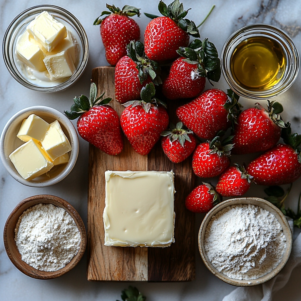 A clean white surface with small bowls and dishes neatly arranged containing the main ingredients for keto strawberry cheesecake bars: a small bowl of finely ground almond flour, a dish with melted golden butter glistening, a smooth block of softened cream cheese on a rustic wooden board, a glass measuring cup filled with thick heavy cream, a small ramekin of fine white erythritol powder, a tiny clear bowl with vanilla extract showing its amber hue, and a vibrant pile of fresh red strawberries, hulled and thinly sliced with some whole berries scattered artfully around. Soft natural light highlights the creamy textures of the cream cheese and heavy cream, the powdery almond flour contrasts with the shiny butter, and the fresh strawberries add a pop of color and freshness. Subtle shadows and delicate reflections emphasize the freshness and quality of the ingredients. Minimal props, simple white bowls and neutral linen cloths add an elegant rustic charm to the composition. Overhead shot, top down view, flat lay photography, professional food styling --ar 1:1 --q 2 --s 750 --v 6.1
