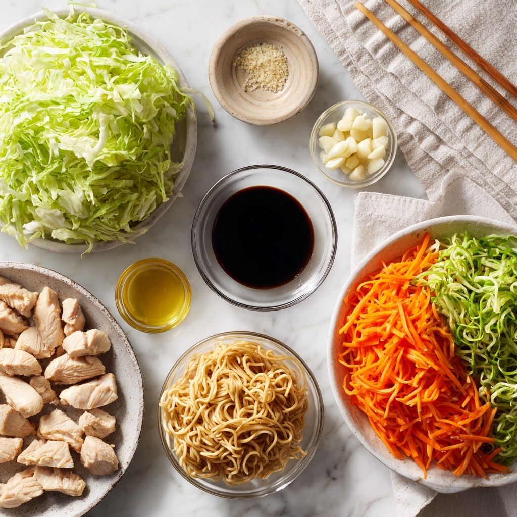 4 boneless, skinless chicken breasts sliced into neat strips, fresh minced garlic cloves arranged in a small rustic bowl, 8 oz yakisoba noodles loosely coiled, shredded green cabbage forming a bright, leafy pile, vibrant orange julienned carrots fanned out, small glass bowls containing glossy low-sodium soy sauce and rich oyster sauce, a tiny dish with golden sesame oil, all set on a clean white marble surface for contrast. Include natural daylight with soft shadows, emphasizing fresh textures like the fibrous cabbage, smooth noodles, and tender chicken. Highlight vivid colors—emerald greens, bright oranges, warm light browns—and use minimalistic, modern styling with subtle props like wooden chopsticks and a linen napkin to create an inviting, fresh kitchen atmosphere. Overhead shot, top down view, flat lay photography, professional food styling --ar 1:1 --q 2 --s 750 --v 6.1
