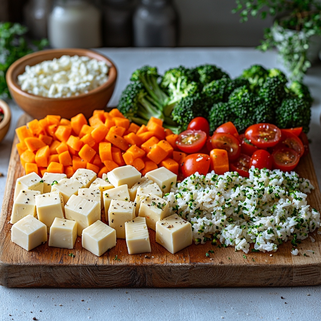 a clean white surface with neatly arranged ingredients for a cheesy turkey and rice casserole: small cubes of pale yellow dilled Havarti cheese on a wooden cutting board, a mound of shredded cooked turkey with a light golden-brown texture, bright orange diced medium carrots, vibrant green broccoli florets with natural texture, finely chopped white garlic clove in a small white bowl, seeded and diced deep red plum tomato, thinly sliced bright green and white scallions scattered artistically, a small pile of uncooked white rice grains, a small glass bowl of creamy off-white sour cream, grated pale yellow Parmesan cheese in a small heap, a pat of golden butter on parchment paper, a small white bowl with light amber chicken broth, and a rustic sprinkle of coarse salt and black peppercorns arranged thoughtfully around the center — soft natural lighting highlighting the fresh colors and textures, subtle shadows creating depth, minimal props to keep focus on the ingredients, a touch of casual elegance with wooden and ceramic bowls, overhead shot, top down view, flat lay photography, professional food styling --ar 1:1 --q 2 --s 750 --v 6.1