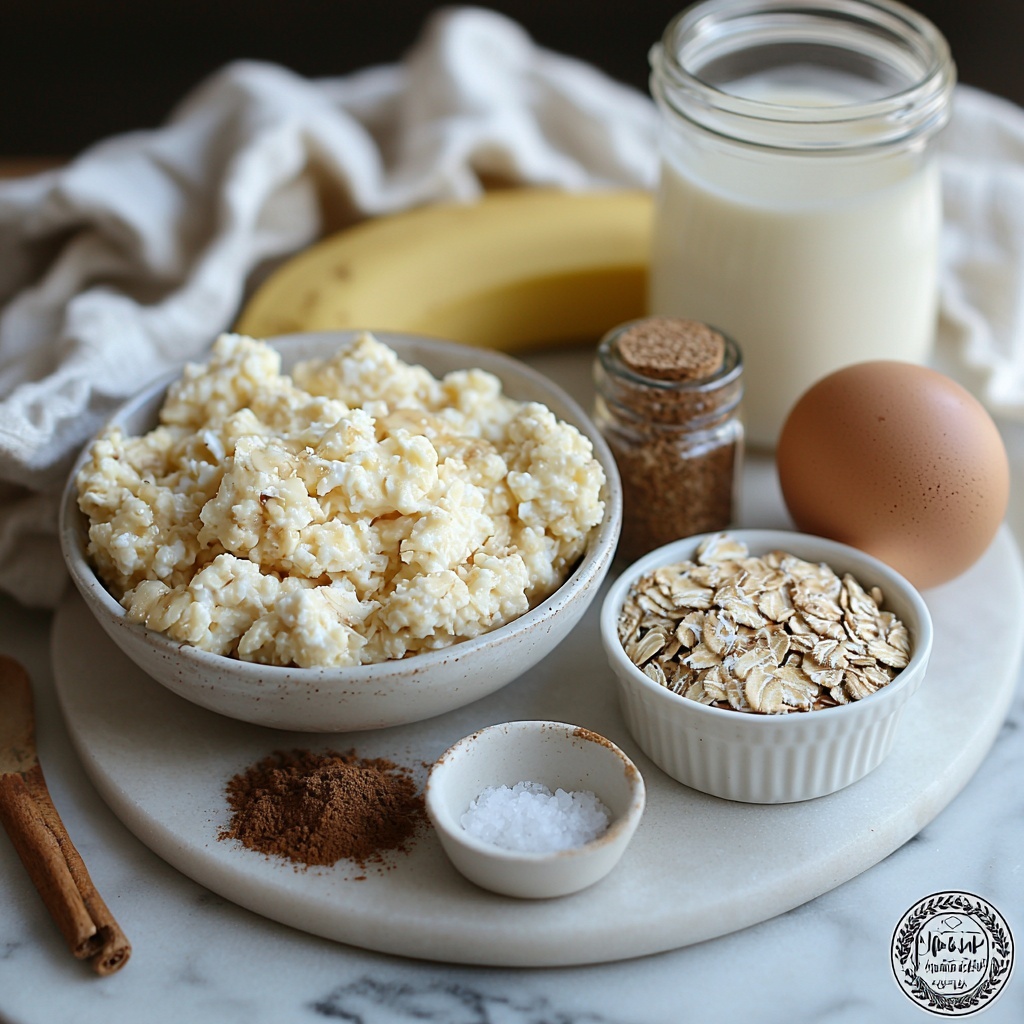 Rolled oats in a small clear glass bowl, mashed ripe banana with soft creamy texture on a white ceramic plate, a small vintage jug of milk with reflective surface, a single fresh brown egg with smooth shell, two tablespoons of soft cream cheese in a white ramekin, golden amber maple syrup in a small glass drizzle jar, a tiny white dish with warm brown cinnamon powder, a pinch of salt in a delicate white porcelain spoon, a tablespoon of golden brown sugar crystals in a rustic wooden scoop, all neatly arranged on a clean white marble surface. The natural tones of beige, cream, soft yellow, warm brown, and white contrast beautifully, textures range from smooth cream cheese to fluffy mashed banana and coarse oats. Subtle natural lighting highlights the freshness and warmth of the ingredients, styled with minimalistic white linen fabric and gentle shadows to add depth and visual interest overhead shot, top down view, flat lay photography, professional food styling --ar 1:1 --q 2 --s 750 --v 6.1