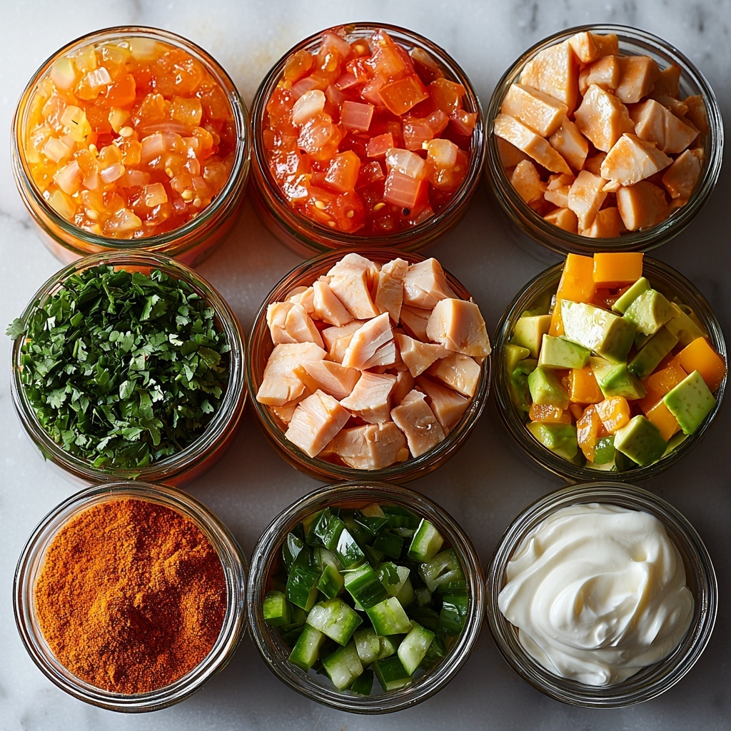 oil in a small glass bowl, diced half medium onion with translucent white layers, minced garlic cloves and a small heap of garlic powder, finely diced green jalapeno with bright green skin and seeds visible, raw chicken breasts with pale pink smooth texture, a jar of chunky red salsa with visible tomato and pepper pieces, a small bowl of diced green chilies, scattered chili powder and cumin spices in warm earthy brown tones, coarse salt and black peppercorns in small rustic bowls, a clear glass measuring cup with golden chicken broth, two cans of black beans and pinto beans opened with glossy dark and light beans spilling slightly, a small bowl of thick heavy cream, fresh chopped cilantro with vibrant green leaves, a small pile of golden fried tortilla strips with crispy texture, neatly sliced creamy green avocado, a mound of shredded yellow cheese, a dollop of smooth white sour cream -- all carefully arranged on a clean white marble surface with natural soft sunlight casting gentle shadows, colorful and textured ingredients balanced harmoniously for visual interest, minimalistic rustic props, overhead shot, top down view, flat lay photography, professional food styling --ar 1:1 --q 2 --s 750 --v 6.1