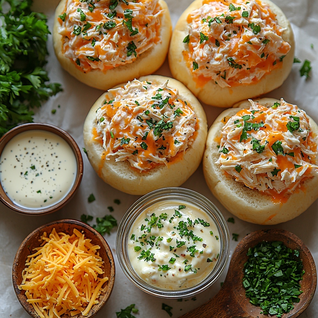 Hawaiian rolls arranged in a neat stack with their soft, golden-brown tops visible; a small bowl of shredded cooked chicken mixed with vibrant orange-red buffalo sauce, showing tender fibers and glossy sauce coating; a clear glass container of creamy white ranch dressing; a wooden scoop spilling bright yellow shredded cheddar cheese with a slightly crumbly texture; a small bowl of melted golden butter with a sheen, accompanied by tiny ceramic spoons holding pale beige garlic powder and light tan onion powder powders; fresh green chopped parsley scattered lightly on a clean white surface; natural light highlighting the contrast between the warm tones of the rolls, cheese, and butter and the cool colors of the dressing and parsley; minimalistic styling with soft shadows and rustic wooden accents partially visible at the edges; clean, crisp composition emphasizing textures and vibrant colors, overhead shot, top down view, flat lay photography, professional food styling --ar 1:1 --q 2 --s 750 --v 6.1