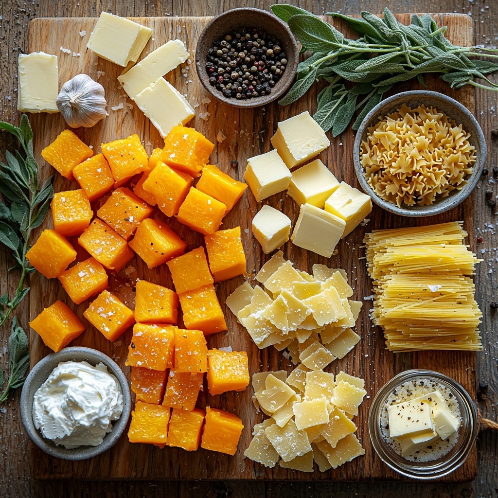A vibrant flat lay of ingredients for creamy roasted garlic butternut squash pasta arranged neatly on a clean, light wooden surface. Bright orange cubes of butternut squash are grouped beside whole garlic cloves with papery skins intact, fresh green sprigs of thyme and chopped rosemary scattered loosely nearby. A small rustic bowl filled with coarse kosher salt and black peppercorns sits alongside a tiny dish of crushed red pepper flakes. Thin, translucent slices of rosy prosciutto are layered gently in a delicate pile, while a small white ramekin holds creamy white ricotta cheese. Nearby, a bundle of uncooked golden-yellow long pasta strands lies fanned out elegantly. A smooth pat of salted butter rests on a small wooden board next to fresh sage leaves with rich green hues. Shredded pale yellow gouda and finely grated parmesan cheeses are presented in small glass bowls, showing their contrasting textures. Soft natural light highlights the varied textures from smooth cheeses to rough herbs, with subtle shadows creating depth and warmth. The composition is balanced and styled with casual elegance, evoking a cozy farmhouse kitchen vibe. Overhead shot, top down view, flat lay photography, professional food styling --ar 1:1 --q 2 --s 750 --v 6.1