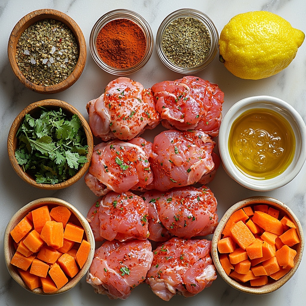 A vibrant flat lay of Moroccan Chicken Tagine ingredients artfully arranged on a clean white marble surface. Central focus on eight raw bone-in, skin-on chicken thighs with their golden-pink tones and trimmed edges neatly stacked. Surrounding the chicken are small bowls and piles of spices featuring warm, earthy hues: paprika in deep red, ground cumin light brown, cayenne pepper bright red, ground ginger and coriander pale beige, and ground cinnamon warm brown. A whole lemon with a bright yellow peel sits halved, next to finely minced garlic cloves showcased on a small white dish. A rustic wooden bowl holds thick-cut yellow onion slices with translucent layers, nearby are two peeled carrots sliced into round, vibrant orange coins. A small white ramekin contains glossy cracked green olives displaying varied shades of green. A small glass dish of golden honey glistens beside a bunch of finely chopped fresh cilantro leaves in vivid green. Additional elements include a shiny tablespoon of olive oil in a clear dish and a tiny pile of coarse salt and black peppercorns. The arrangement balances warm spice tones with fresh citrus and herbs, textures ranging from smooth citrus peel to coarse spices and tender chicken, all styled with natural soft daylight highlighting vibrant colors and subtle shadows. Overhead shot, top down view, flat lay photography, professional food styling --ar 1:1 --q 2 --s 750 --v 6.1