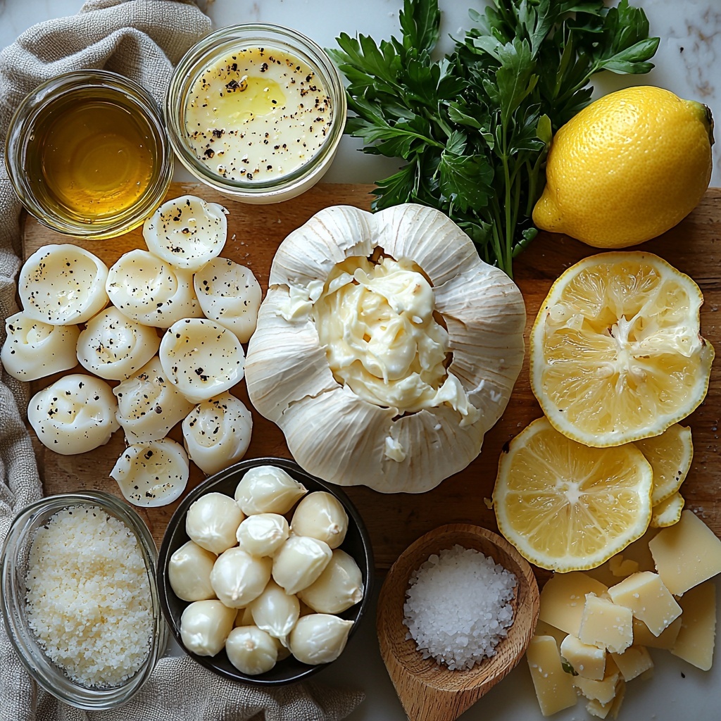 A clean white marble surface neatly arranged with the main ingredients for creamy roast garlic and lemon pasta sauce: a whole head of roasted garlic with soft golden cloves exposed, a small glass bowl of rich, golden olive oil, a cup of thick, smooth heavy cream in a clear measuring cup, a small bowl of finely grated pale yellow Parmesan cheese, a fresh lemon sliced in half with bright yellow zest and juice visibly fresh, a small wooden spoon with coarse sea salt and cracked black peppercorns, and vibrant sprigs of fresh green parsley scattered artfully. Soft natural light enhances the warm tones and textures, with subtle shadows adding depth and contrast. Minimalist styling with a few rustic props like a wooden cutting board and linen napkin placed slightly off-frame to keep focus on ingredients. overhead shot, top down view, flat lay photography, professional food styling --ar 1:1 --q 2 --s 750 --v 6.1