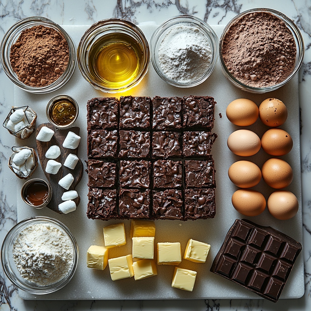 A clean white marble surface with all the main ingredients for Mississippi Mud Pie Brownies carefully arranged in a visually balanced flat lay: a block of unsalted Kerrygold butter cut into slices showing smooth, creamy texture; a glass bowl filled with sparkling white granulated Domino sugar; a small clear dish of golden canola oil shimmering in the light; a glass bottle of rich amber vanilla extract; five fresh Vital Farms brown eggs with smooth shells nestled in a small natural linen cloth; a neat pile of King Arthur all-purpose flour with soft powdery texture on a rustic wooden spoon; a small heap of dark brown, velvety Dutch-process Ghirardelli cocoa powder with some dust softly scattered nearby; a pinch bowl of coarse salt crystals; a partially chopped Trader Joe’s dark and milk chocolate bar showing glossy, thick shards; a big glass jar brimming with fluffy white mini marshmallows spilling slightly; a small ramekin with salted butter melting and glistening golden; a mound of fine, snowy powdered sugar dusted lightly on a slate board; a tiny bowl of dark unsweetened cocoa powder with a matte finish; a clear glass measuring cup containing creamy whole milk with subtle reflections; and a mini bottle of rich vanilla extract with elegant label — all arranged with natural soft daylight casting gentle shadows, highlighting the contrast of textures and rich warm and cool tones. The composition is styled with a few scattered chocolate chunks and sugar crystals for added organic feel, minimalistic kitchen tools nearby, clean crisp edges, perfectly spaced, overhead shot, top down view, flat lay photography, professional food styling --ar 1:1 --q 2 --s 750 --v 6.1