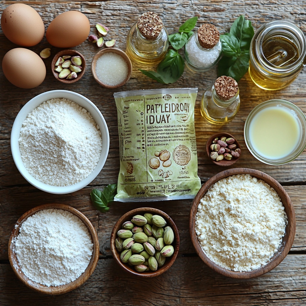 a flat lay of all-purpose flour in a small white bowl, a sealed pack of instant pistachio pudding mix with bright green packaging, a small dish of kosher salt, a measuring spoon with baking powder, a clear glass bowl with granulated sugar sparkling under the light, two large brown eggs with smooth shells placed near each other, a small glass jug of golden vegetable oil, a ramekin with melted butter glistening softly, a bowl of creamy full-fat sour cream with a soft texture, a small glass of whole milk with a slight sheen, small bottles of vanilla and almond extracts with rustic labels, a shallow dish of coarse turbinado sugar with large amber crystals, and a wooden bowl filled with shelled, roughly chopped vibrant green pistachios scattered loosely. All ingredients are arranged neatly but with a natural casualness on a clean, light wood surface that enhances warm tones. Soft natural lighting casts gentle shadows highlighting textures from powdery flour to glossy oils and coarse sugar crystals. Minimal props, neutral linen napkin folded casually to one side, subtle hints of fresh green leaves for an organic touch. Overhead shot, top down view, flat lay photography, professional food styling --ar 1:1 --q 2 --s 750 --v 6.1