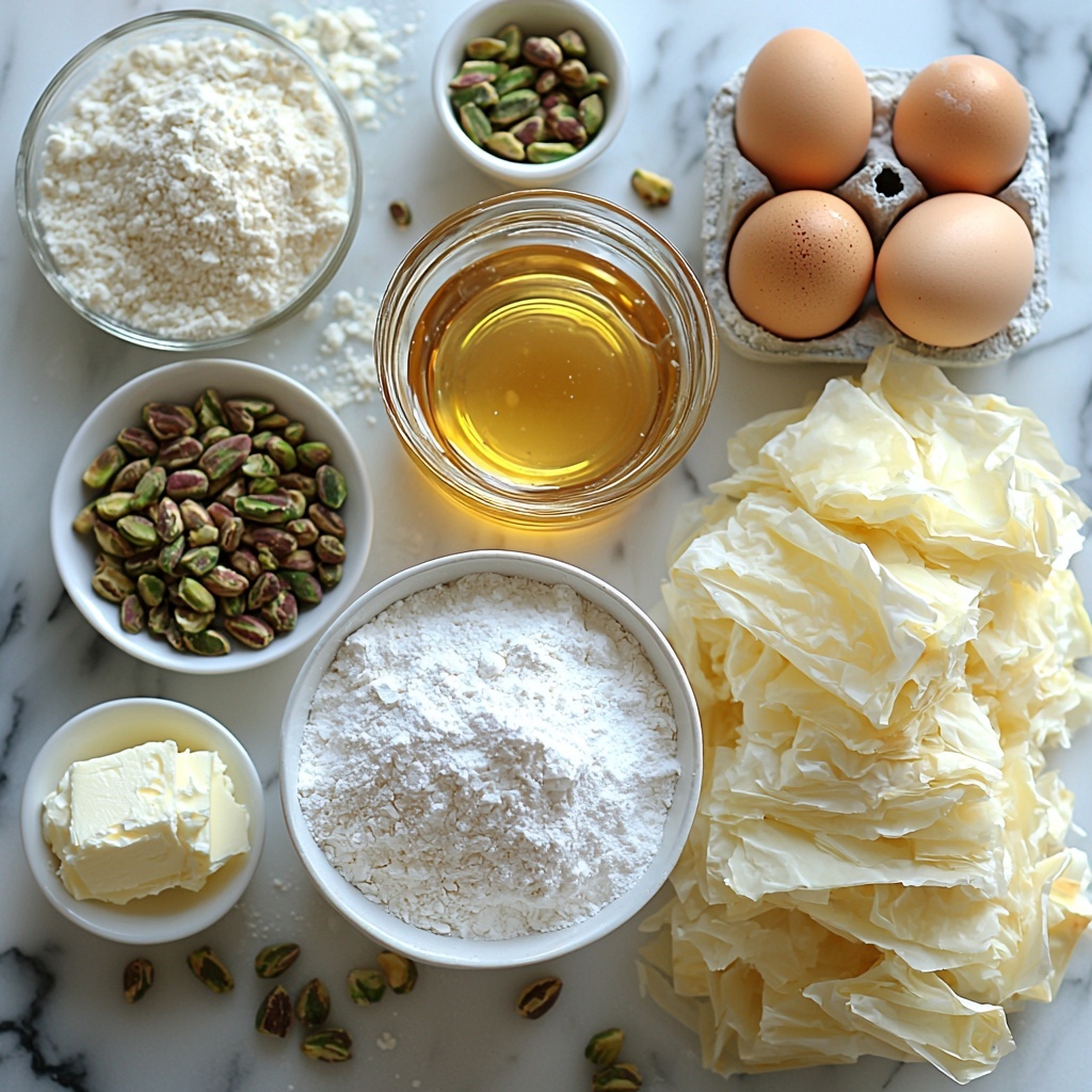 Softened unsalted butter in a small glass bowl next to a heap of powdered sugar on a white ceramic spoon, a small mound of fine salt crystals nearby; all-purpose flour loosely scattered in a neat pile with finely chopped vibrant green pistachios sprinkled on top, and a bowl filled with more chopped pistachios; crisp, delicate sheets of pale golden filo dough fanned out on a clean white surface; a small pitcher of melted golden butter catching light; separate bowls containing white granulated sugar, fresh lemon juice with a lemon wedge, clear water, and viscous amber honey glistening under soft natural light; smooth, creamy blocks of bright white cream cheese, two large brown eggs and one rich orange egg yolk in a shallow white dish, a bowl of thick, pale sour cream with subtle texture; all ingredients arranged artfully with pops of green pistachio nuts contrasting the soft creams and golden tones of butter and honey, emphasizing fresh textures and natural colors, minimalistic elegant styling on a clean marble countertop with soft shadows, overhead shot, top down view, flat lay photography, professional food styling --ar 1:1 --q 2 --s 750 --v 6.1