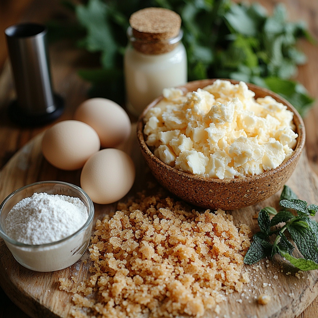 A clean, light wooden surface neatly arranged with the ingredients for Crème Brûlée Cheesecake Cupcakes: a small bowl of finely crushed golden-brown graham cracker crumbs, a rustic pat of melted butter in a glass dish glistening with warmth, a small pile of fine white granulated sugar, another small pile of coarse, amber-colored turbinado sugar with sparkling crystals, two large fresh eggs with smooth white shells, a ceramic bowl of silky, creamy off-white cream cheese, a small bowl of thick, pale sour cream, a glass measuring cup filled with rich, pale yellow heavy cream, a tiny jar of glossy vanilla bean paste showing speckled dark vanilla seeds, a small bottle labeled vanilla extract alongside a pinch of fine salt scattered artistically on the surface, and a sleek, modern kitchen torch with a metallic finish lying beside them. The scene is styled with soft natural light casting gentle shadows, emphasizing the varied textures from smooth dairy to crumbly crackers and glossy sugars. Minimal props, neutral tones, subtle green herbs blurred in background for freshness. Overhead shot, top down view, flat lay photography, professional food styling --ar 1:1 --q 2 --s 750 --v 6.1