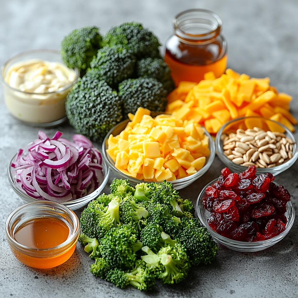 A clean white surface with vibrant fresh broccoli florets in a small heap, bright green and textured; a neat pile of shredded sharp cheddar cheese in golden-yellow tones; a small clear bowl filled with creamy mayonnaise; a tiny glass bowl containing amber honey glistening under soft light; a small bowl of apple cider vinegar with a slight amber tint; scattered deep red dried cranberries adding pops of color; a small cluster of chopped purple-red onions with fine texture; a handful of pale beige sunflower seeds arranged artfully; crispy golden-brown bacon bits in a small dish; delicate pinches of salt and pepper spilled lightly for texture and realism. Natural soft lighting highlighting the fresh ingredients, subtle shadows to add depth, minimalist styling with balanced spacing, clean and fresh aesthetic, focus on vibrant colors and contrasting textures, arranged symmetrically yet casual for an inviting look. Overhead shot, top down view, flat lay photography, professional food styling --ar 1:1 --q 2 --s 750 --v 6.1