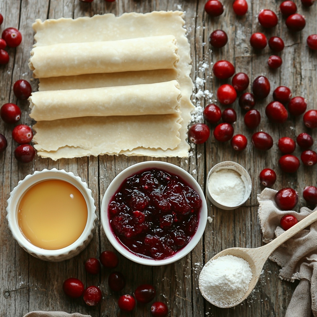 Cranberry hand pies ingredients flat lay arranged on a clean light wooden surface: two rolled-out pie dough sheets, pale beige with a slightly flour-dusted texture, one sheet partially cut into neat 3.5-inch circles with re-rolled scraps beside it; a small glass bowl filled with chunky, vibrant deep red homemade cranberry sauce showing glossy, textured cranberries; a small white ramekin of beaten golden yellow egg wash with a shiny surface and a small pastry brush resting beside it; a white porcelain spoon holding fine, sparkling white granulated sugar; scattered flour dust on the surface adding a rustic touch. The elements are spaced evenly and styled with natural soft daylight casting gentle shadows, highlighting textures and colors, framed with subtle autumn-hued linen napkin edges peeking in. The scene evokes a cozy, warm baking atmosphere with crisp, clean composition and warm tones. overhead shot, top down view, flat lay photography, professional food styling --ar 1:1 --q 2 --s 750 --v 6.1