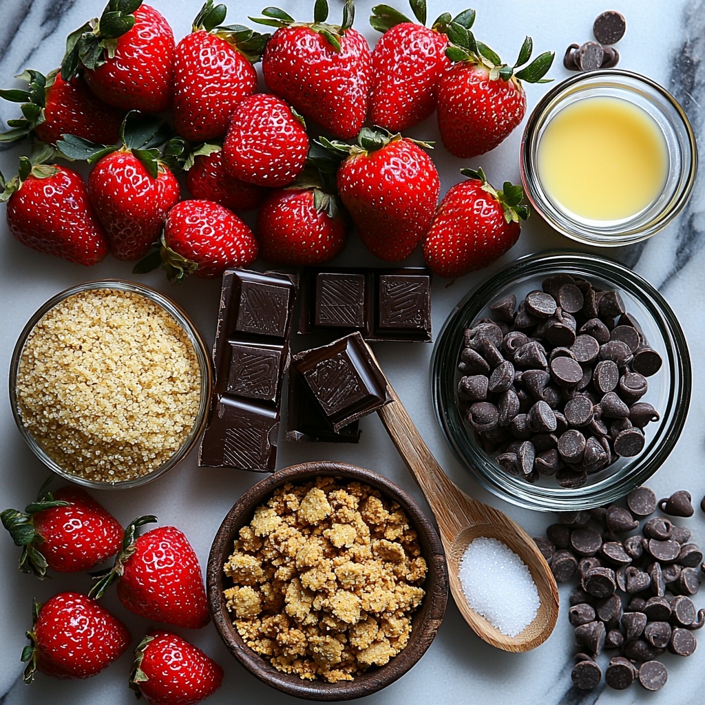 A clean white marble surface with the main ingredients for a dark chocolate strawberry tart carefully arranged for a flat lay composition: a small bowl of golden graham cracker crumbs with a wooden spoon resting inside, a small glass dish of granulated white sugar sparkling under soft light, a ramekin of melted golden butter with a slight sheen, a smooth mound of glossy dark chocolate chips catching light highlights, a large cluster of fresh bright red strawberries with deep green leaves artfully scattered and some whole, some sliced thinly lengthwise on a rustic wooden board, a clear glass bowl of pale pink strawberry pulp showing texture from mashed fruit, a small glass pitcher of clear water, a small bowl of fine white cornstarch powder, and a tiny vintage dish with bright yellow lemon juice. The ingredients are spaced evenly with a balance of colors — warm browns, vibrant reds, glossy dark chocolate, and fresh green hues — with natural daylight creating soft shadows and emphasizing textures like the crumbly graham crust and juicy strawberries. Minimal props with fresh linen napkins and a clean knife for slicing strawberries add to the inviting, elegant mood. Overhead shot, top down view, flat lay photography, professional food styling --ar 1:1 --q 2 --s 750 --v 6.1