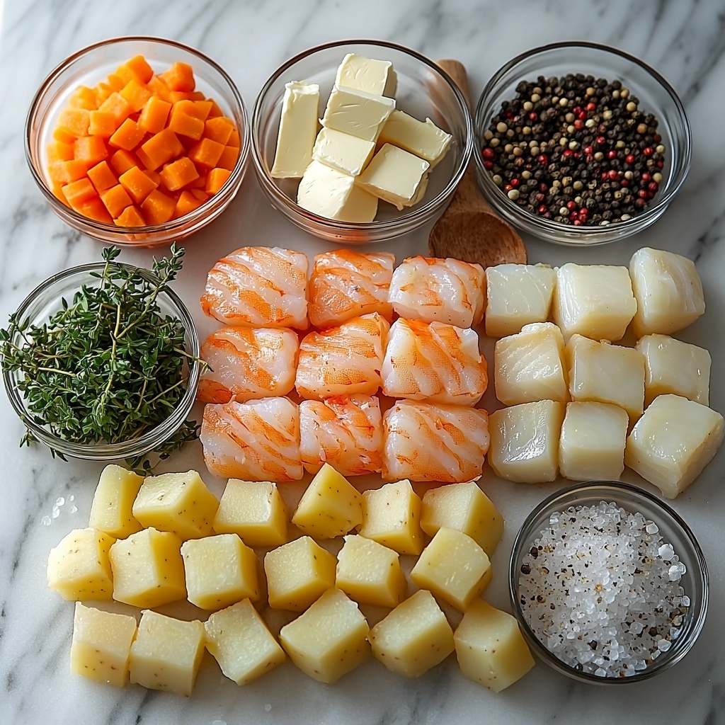 fresh fish chunks (haddock or cod), raw pink shrimp peeled and deveined, plump white scallops, diced yellow potatoes, diced orange carrots, diced pale green celery, diced white onions, minced garlic cloves, creamy white butter, fresh green thyme sprigs, coarse salt crystals and black peppercorns scattered; ingredients thoughtfully arranged on a clean white marble surface with soft natural lighting to enhance vibrant colors and textures; rustic wooden spoon and small glass bowls holding diced vegetables and spices for added depth; slight shadows for dimension, sharp focus highlighting freshness and details, minimalist styling emphasizing natural beauty of seafood and produce, complementary warm tones balancing cool whites overhead shot, top down view, flat lay photography, professional food styling --ar 1:1 --q 2 --s 750 --v 6.1