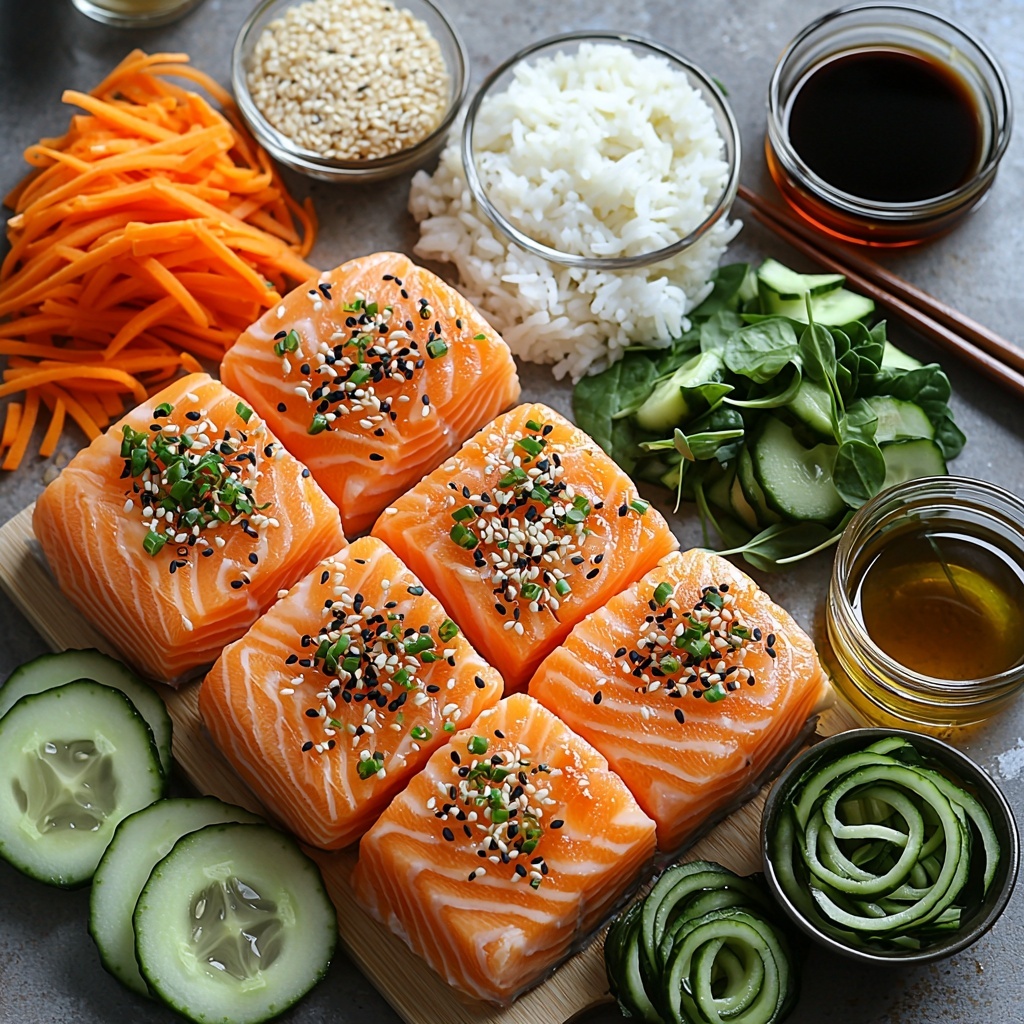 2 skinless salmon fillets with a delicate pink-orange color and smooth texture, small glass bowl of glossy golden honey, minced garlic cloves with a creamy white, slightly coarse texture on a wooden spoon, small bowl of dark glossy soy sauce, clear glass bowl with pale rice vinegar, fluffy white cooked rice piled neatly, vibrant orange julienned carrots arranged in a tidy bundle, fresh bright green spiralized cucumber slices with a crisp look, handful of fresh deep green baby spinach leaves with soft texture, small dish of toasted sesame seeds with a light tan color, small bottle or drizzle of golden olive oil on a white ceramic dish; all ingredients neatly spaced out and artfully arranged on a clean, matte white surface, natural daylight softly illuminating each element emphasizing fresh colors and textures, minimal shadows, slight sprigs of fresh herbs and a pair of chopsticks placed diagonally to add visual interest, overhead shot, top down view, flat lay photography, professional food styling --ar 1:1 --q 2 --s 750 --v 6.1
