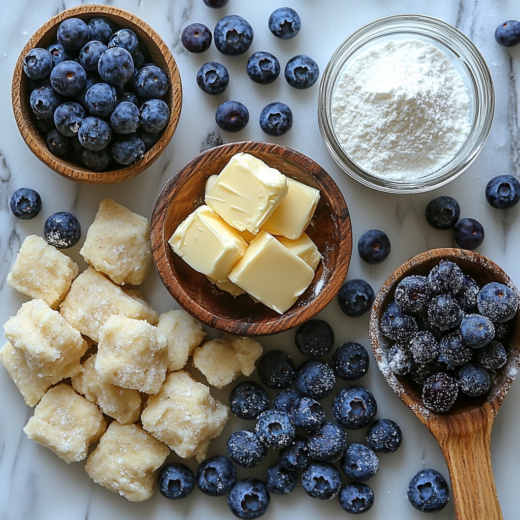 refrigerated biscuit dough pieces cut into quarters on a clean white marble surface, fresh plump blueberries scattered loosely nearby with a vibrant deep blue and slight gloss, small wooden bowl filled with granulated sugar and another with ground cinnamon showing fine textures, melted unsalted butter in a clear glass measuring cup displaying smooth golden liquid, a white ceramic bowl containing powdered sugar with a small vintage whisk, a small glass bowl with creamy milk and vanilla extract, all ingredients spaced evenly with natural soft daylight casting gentle shadows, minimal rustic props like a light linen napkin and a wooden spoon adding warm tones and cozy atmosphere, emphasis on contrasting textures of soft dough, shiny berries, powdery sugar, and glossy butter, overhead shot, top down view, flat lay photography, professional food styling --ar 1:1 --q 2 --s 750 --v 6.1
