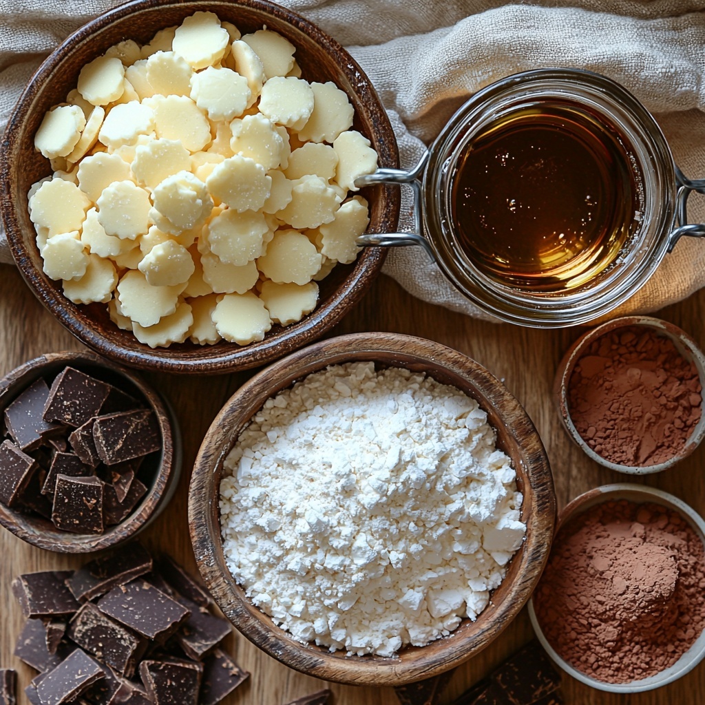 vanilla wafers broken into crumbs arranged in a small rustic bowl, a heap of fine white confectioners’ sugar sprinkled loosely on a small ceramic plate, rich dark cocoa powder in a shallow wooden dish, glossy white corn syrup in a small glass jar with a reflective surface, a clear glass measuring cup filled partially with amber rum, all ingredients spaced evenly on a clean, light wood surface with natural, soft daylight highlighting their textures and colors, subtle shadows adding depth, a few scattered vanilla wafer crumbs and a dusting of sugar around the containers for a casual yet refined look, neutral linen napkin partially visible at the corner, minimalistic and elegant styling emphasizing warm browns, creamy whites, and translucent highlights, overhead shot, top down view, flat lay photography, professional food styling --ar 1:1 --q 2 --s 750 --v 6.1