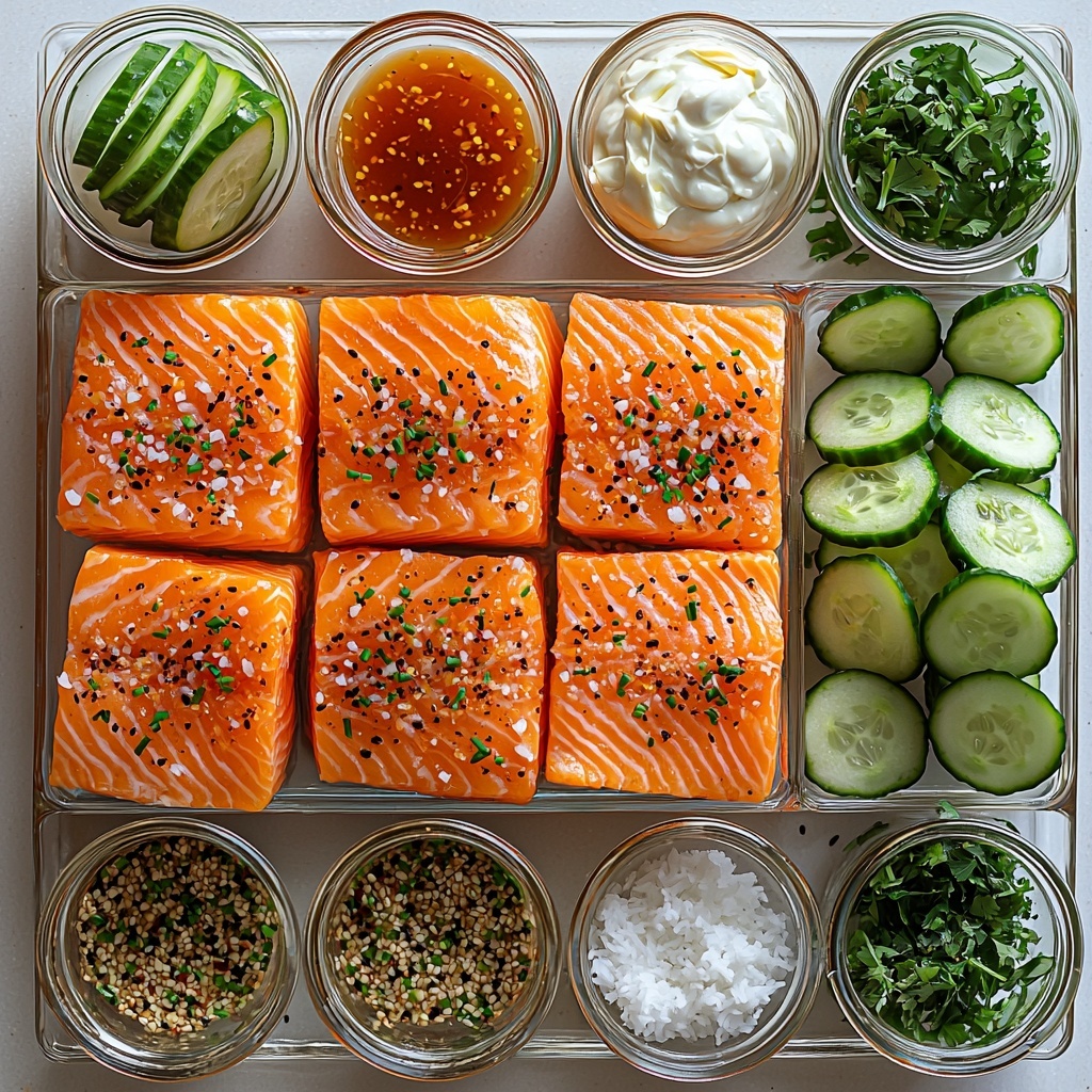 A clean, bright flat lay arrangement on a crisp white surface featuring all main ingredients for Bang Bang Salmon and Coconut Rice Bowls: cubed skinless salmon with a light dusting of paprika, onion, and garlic powders alongside small glass bowls holding olive oil, sweet chili sauce, sriracha, lime juice, mayo or Greek yogurt, coconut milk, water, jasmine rice, white sugar, salt, and pepper. Nearby, two mini cucumbers sliced lengthwise, a halved avocado showing its creamy green flesh and seed, and a small pile of freshly chopped cilantro. Textures vary from smooth liquid sauces to fluffy rice and tender salmon cubes, with pops of vibrant red-orange from the sriracha and chili sauce, fresh green from cucumbers, avocado, and cilantro, and soft white from coconut milk and mayo. The ingredients are neatly spaced with subtle shadows for depth, complemented by minimal rustic props like a wooden spoon and a natural linen napkin to enhance warmth and homeliness without distraction. The composition is bright, colorful, and inviting, showcasing freshness and balance. overhead shot, top down view, flat lay photography, professional food styling --ar 1:1 --q 2 --s 750 --v 6.1