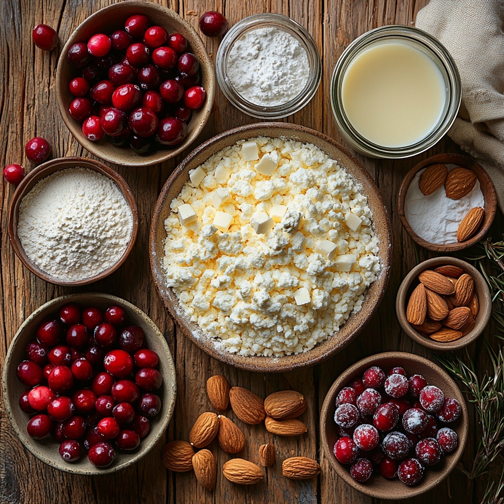 Main ingredients including all-purpose flour, baking powder, baking soda, salt, softened unsalted butter, granulated sugar, large eggs, vanilla extract, pure almond extract, sour cream, milk, fresh cranberries, sliced almonds, and powdered sugar, carefully arranged on a clean, light wood surface. Bowls and small dishes hold measured portions of flour, sugar grains sparkling under soft natural light, smooth butter cubes beside cracked eggs with yolks visible in a white ceramic bowl. Fresh deep red cranberries scattered artistically, contrasting with pale almond slices clustered neatly on a small plate. A small glass jar with creamy sour cream, a delicate swirl of milk in a tiny glass, and a small bowl of powdered sugar dusted around edges adding texture. Subtle shadows and highlights emphasize the varied textures—from the powdery softness of sugar to the glossy skin of cranberries. Minimalist styling with a neutral color palette to enhance the vibrant reds and warm buttery tones, soft linen napkin folded at one corner for a cozy, inviting touch. Overhead shot, top down view, flat lay photography, professional food styling --ar 1:1 --q 2 --s 750 --v 6.1