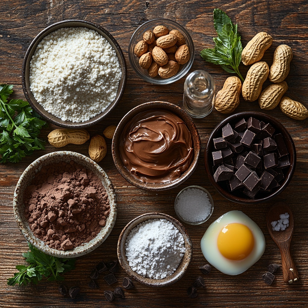 A clean, light wooden surface with an artfully arranged flat lay of all main ingredients for peanut butter chocolate thumbprint cookies: a small bowl of all-purpose flour, a bowl of rich dark cocoa powder, a tiny dish of fine salt crystals, a soft pat of pale unsalted butter, a small mound of granulated sugar sparkling under soft light, a cracked egg showing vibrant yolk beside the separated glossy egg white in a clear bowl, a small glass of creamy milk, a little bottle or small dish of vanilla extract with a subtle amber hue, a bowl overflowing with finely chopped golden-brown peanuts, a smooth dollop of creamy peanut butter with a slight sheen, a delicate heap of snowy white powdered sugar, and a clear bowl of glossy dark chocolate chips catching reflections. Ingredients are spaced evenly with natural shadows, arranged to highlight contrasting textures—the powdery flour, velvety peanut butter, chunky peanuts, and shiny chocolate chips—styled with minimal natural greenery, a small wooden spoon, and a soft linen napkin nearby to add warmth. The light is bright and diffused, enhancing the rich color palette of browns, whites, and cream tones, with crisp focus and depth for a clean, inviting culinary presentation. Overhead shot, top down view, flat lay photography, professional food styling --ar 1:1 --q 2 --s 750 --v 6.1