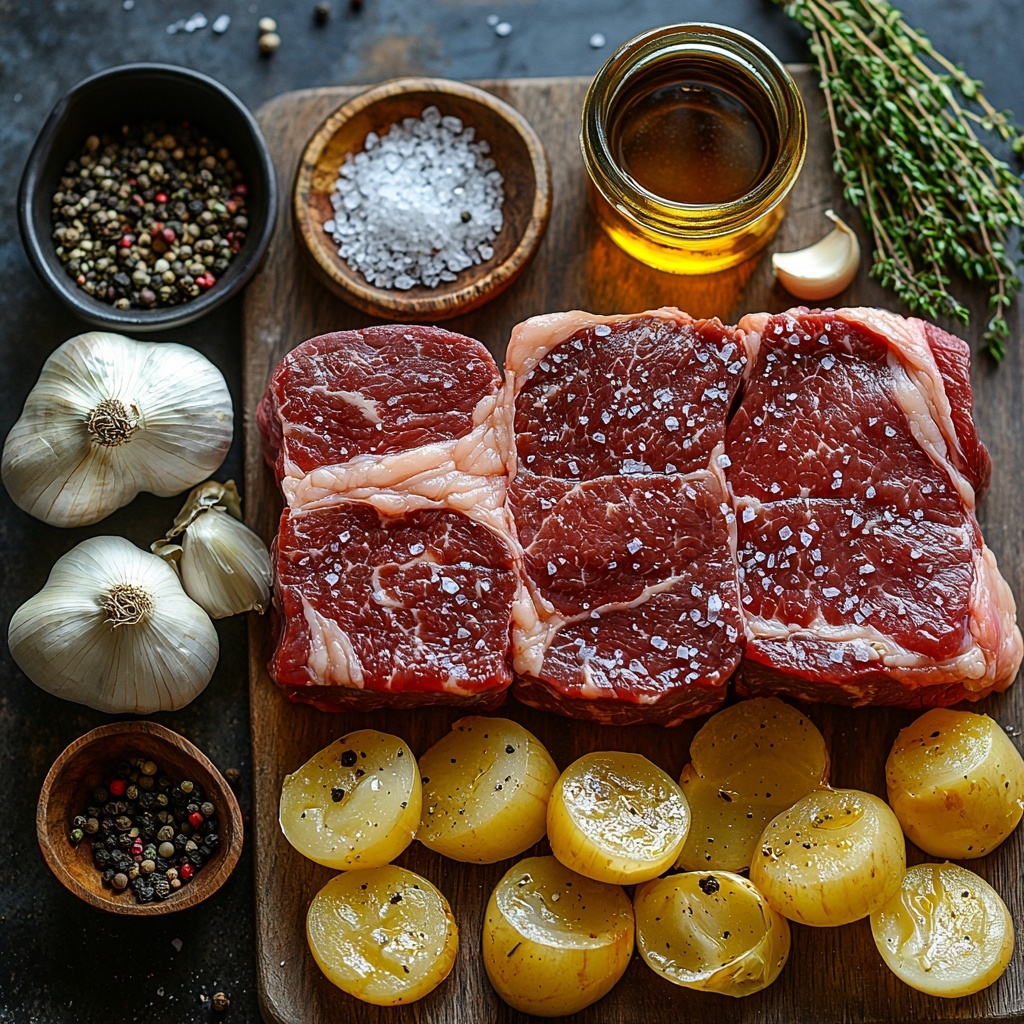 chuck roast raw with visible marbling, large yellow onions sliced into rings with visible layers, fresh garlic cloves peeled and minced in a small heap, fresh thyme sprigs with bright green leaves, a small bowl of rich dark brown beef broth, a small dish of glossy balsamic vinegar, a bottle or small container of Worcestershire sauce with deep amber color, coarse salt crystals and freshly ground black pepper scattered artistically, a drizzle of golden olive oil in a clear glass container — all ingredients arranged neatly on a clean, neutral-toned surface with soft natural lighting highlighting the varied textures from smooth onion rings to rough thyme sprigs and marbled meat, shadows soft and minimal, styled with rustic kitchen props like a wooden spoon and linen napkin partially visible at edges to add warmth and context — overhead shot, top down view, flat lay photography, professional food styling --ar 1:1 --q 2 --s 750 --v 6.1