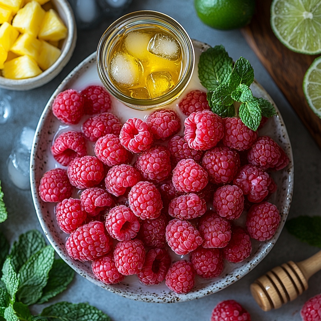 fresh raspberries vibrant red, plump and textured, scattered loosely in a small bowl; creamy white coconut milk in a clear glass pitcher showing smooth liquid; bright yellow pineapple juice in a small transparent jug with a glossy surface; small glass bowl with fresh lime juice, pale green and slightly translucent; golden honey or agave syrup in a rustic wooden spoon with sticky, glossy texture; clear, irregular-shaped ice cubes placed neatly on a white ceramic plate; sprigs of fresh mint leaves vibrant green with delicate veins, artfully arranged beside ingredients—all placed on a clean matte white surface; natural soft daylight enhancing vivid colors and fresh textures, minimal shadows; slight rustic props like a linen napkin folded nearby and a wooden cutting board partially visible for warmth—overhead shot, top down view, flat lay photography, professional food styling --ar 1:1 --q 2 --s 750 --v 6.1