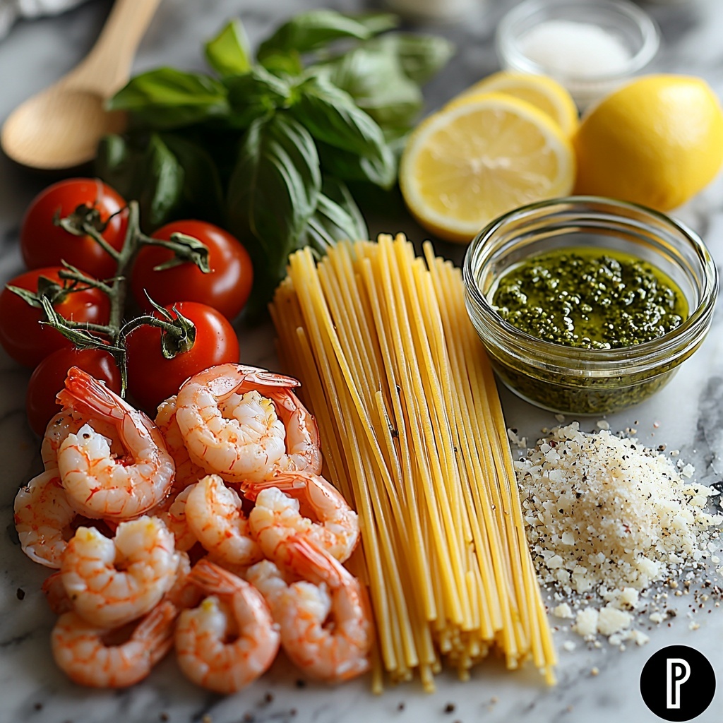 twelve ounces of uncooked spaghetti arranged in a neat bundle, one pound of raw medium shrimp peeled and deveined with a slight translucent pink hue, small piles of dried oregano, salt, and black pepper scattered delicately on the side, two small clear glass bowls with golden olive oil reflecting light, a pint of ripe grape tomatoes with shiny red skins grouped together, a small bowl of vibrant green pesto with a creamy texture, a dish of finely grated Parmesan cheese showing its fluffy texture, fresh bright green basil leaves laid out with a few lemon wedges adding a pop of yellow, all ingredients placed thoughtfully on a clean white marble surface with soft natural lighting highlighting the colors and textures, subtle shadows enhancing depth, minimal rustic props like a wooden spoon and linen napkin artfully placed nearby to complement but not overpower the scene, overhead shot, top down view, flat lay photography, professional food styling --ar 1:1 --q 2 --s 750 --v 6.1