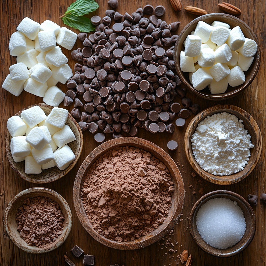 powdered sugar in a small white bowl, rich dark brown unsweetened cocoa powder in a rustic wooden scoop, creamy off-white powdered milk scattered lightly in a shallow glass dish, fine white cornstarch in a tiny ceramic ramekin, coarse sea salt crystals in a small clear bowl, glossy dark mini chocolate chips neatly piled in a vintage silver spoon, fluffy white mini marshmallows spilling from a small linen pouch, warm brown ground cinnamon in a tiny earthenware bowl, pale beige vanilla powder in a delicate porcelain dish, vibrant crushed red and white peppermint candies scattered artfully around, all ingredients carefully arranged on a clean light wood surface with natural soft daylight creating gentle shadows, subtle texture contrasts emphasizing the powders and chips, warm and inviting color palette, minimal rustic styling with a few sprigs of fresh mint for freshness, overhead shot, top down view, flat lay photography, professional food styling --ar 1:1 --q 2 --s 750 --v 6.1