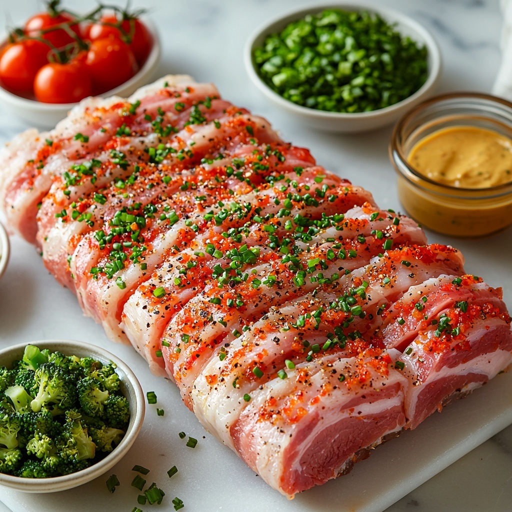 Broccoli cheese stuffed pork ingredients beautifully arranged on a clean white marble surface: a whole pork tenderloin with smooth, pale pink flesh, next to small piles of dry pork rub with a coarse, rusty-brown texture; neatly stacked crispy raw bacon slices with streaks of pink and white fat; a small bowl filled with vibrant green, finely diced broccoli florets; another bowl of creamy, softened white cream cheese; a generous heap of bright orange shredded cheddar cheese with a slightly crumbly texture divided into two portions; fresh ground black pepper scattered lightly for texture contrast; a small glass container of golden honey mustard dressing glistening under soft light; juicy, ruby-red cherry tomatoes diced into even pieces; and finely chopped green onions with fresh bright green hues arranged in a tidy line on a delicate white rectangular plate to highlight their freshness. The ingredients are spaced thoughtfully with natural shadows, emphasizing their varied textures and vibrant colors, evoking a fresh, wholesome feel. Overhead shot, top down view, flat lay photography, professional food styling --ar 1:1 --q 2 --s 750 --v 6.1