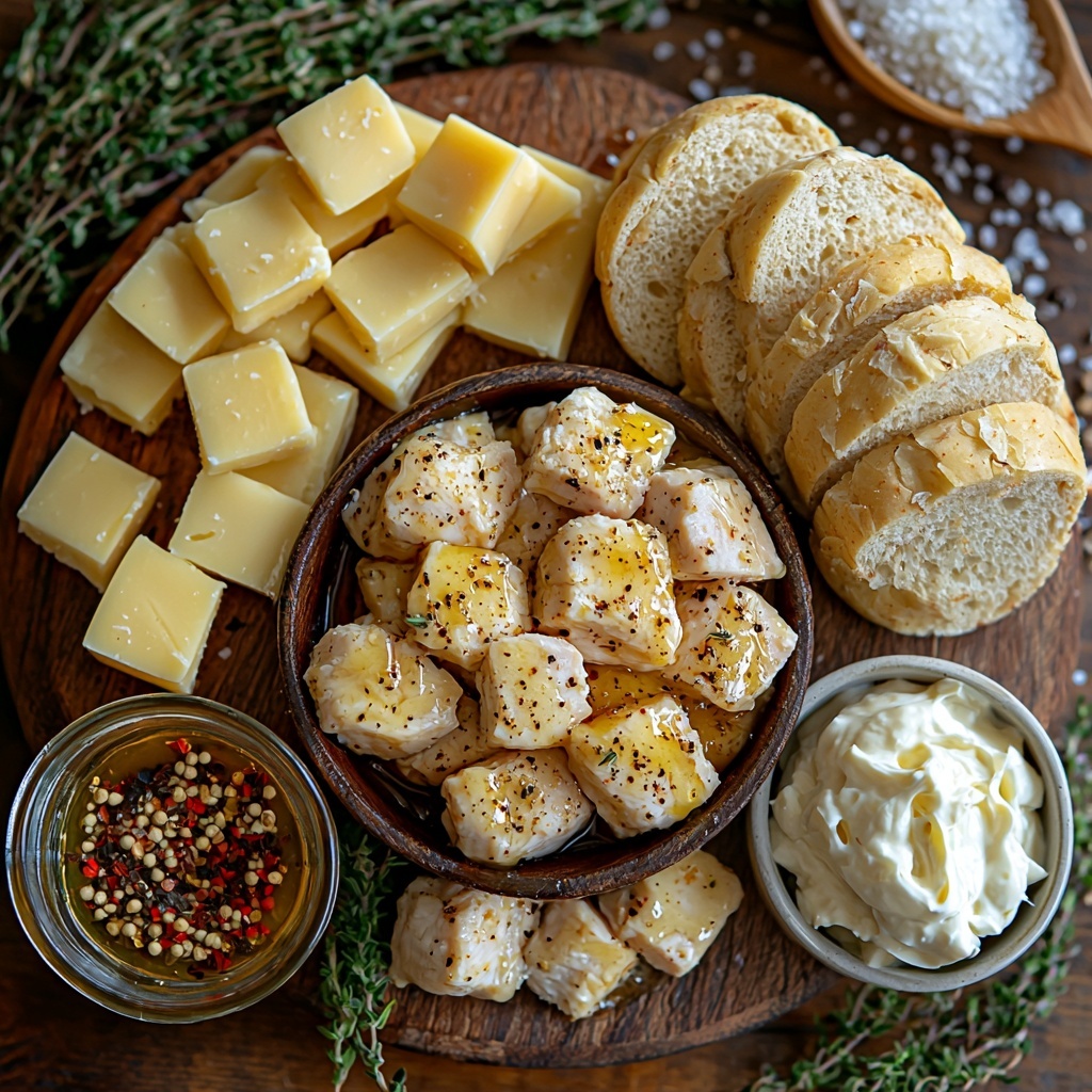 Boneless skinless chicken breasts cut into bite-sized pieces in a small white bowl, a small glass bowl of golden honey beside a jar of smooth Dijon mustard, fresh slider buns arranged in a neat stack with a warm, toasted golden-brown crust, a small bowl of creamy white mayonnaise, slices of sharp cheddar and Swiss cheese layered on a rustic wooden board, small piles of coarse salt, freshly ground black pepper, garlic powder, and onion powder in tiny ceramic spoons, sprigs of fresh thyme and rosemary adding a pop of green, all meticulously laid out on a clean, light wooden surface with soft natural lighting highlighting the varied textures—glossy honey, creamy mustard, fluffy buns, and tender chicken pieces. Overhead shot, top down view, flat lay photography, professional food styling --ar 1:1 --q 2 --s 750 --v 6.1