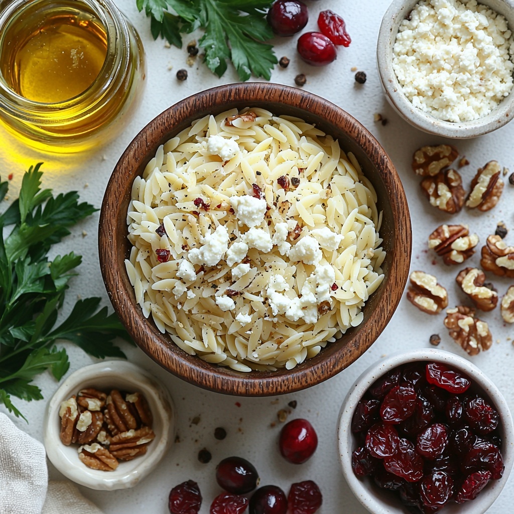 A clean, minimalist white surface arranged with the main ingredients for a cranberry and goat cheese orzo salad: a small wooden bowl filled with dry golden orzo pasta, a glass jar of rich golden olive oil with light reflections, a rustic ceramic bowl of vibrant, deep red dried cranberries, crumbled creamy white goat cheese scattered loosely on a linen napkin, finely chopped bright purple-red onion in a small white ramekin, a handful of mixed walnuts and pecans with warm brown tones placed artfully next to a bunch of freshly chopped vivid green parsley leaves. Nearby, a small clear glass dish contains fresh, pale yellow lemon juice, and another with amber apple cider vinegar, both catching soft natural light. Coarse sea salt crystals and freshly ground black peppercorns are sprinkled casually around, adding texture and contrast. The entire scene is styled with natural light creating soft shadows, emphasizing the variety of textures and rich, fresh colors, evoking a fresh, inviting, and wholesome mood. overhead shot, top down view, flat lay photography, professional food styling --ar 1:1 --q 2 --s 750 --v 6.1