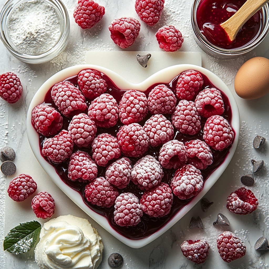 Heart shaped silicone mold filled with vibrant deep red frozen raspberries and scattered fresh raspberries nearby, a small bowl with white unflavored gelatin powder next to a clear glass cup of cold water, a saucepan with warm glossy bright raspberry sauce, a mixing bowl with smooth whipped cream topped with delicate powdered sugar dusting, a stick of pale yellow unsalted butter softened on wax paper, a neat pile of fine white flour, a small heap of rich dark unsweetened cocoa powder, scattered mini semi-sweet chocolate chips glistening slightly, two fresh whole brown eggs, a small glass bowl of granulated white sugar and another with fine powdered sugar, a small bottle or dropper with vanilla extract, all arranged neatly on a clean white marble surface with natural soft daylight casting gentle shadows, subtle props including a wooden spoon, silver whisk, and parchment paper folded at the edges for texture, overhead shot, top down view, flat lay photography, professional food styling --ar 1:1 --q 2 --s 750 --v 6.1