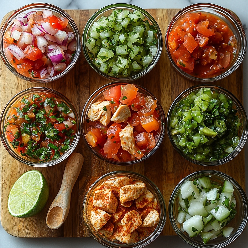 2 lbs boneless, skinless chicken breasts raw and fresh, bright pink and plump; small glass bowls with vibrant red salsa and green salsa, showcasing rich, chunky textures; scattered piles of ground chili powder, cumin, paprika, garlic powder, and onion powder in warm earthy tones (reds, browns, yellows) on small white ceramic spoons and wooden scoops; fresh limes cut in half displaying juicy, bright green interiors; a small clear measuring cup with light golden chicken broth; ingredients thoughtfully arranged on a clean, white marble surface with soft natural lighting highlighting textures and colors, subtle shadows adding depth, minimal rustic props like a wooden cutting board and linen napkins for warmth, emphasizing freshness and wholesome ingredients, balanced composition with negative space to draw the eye — overhead shot, top down view, flat lay photography, professional food styling --ar 1:1 --q 2 --s 750 --v 6.1