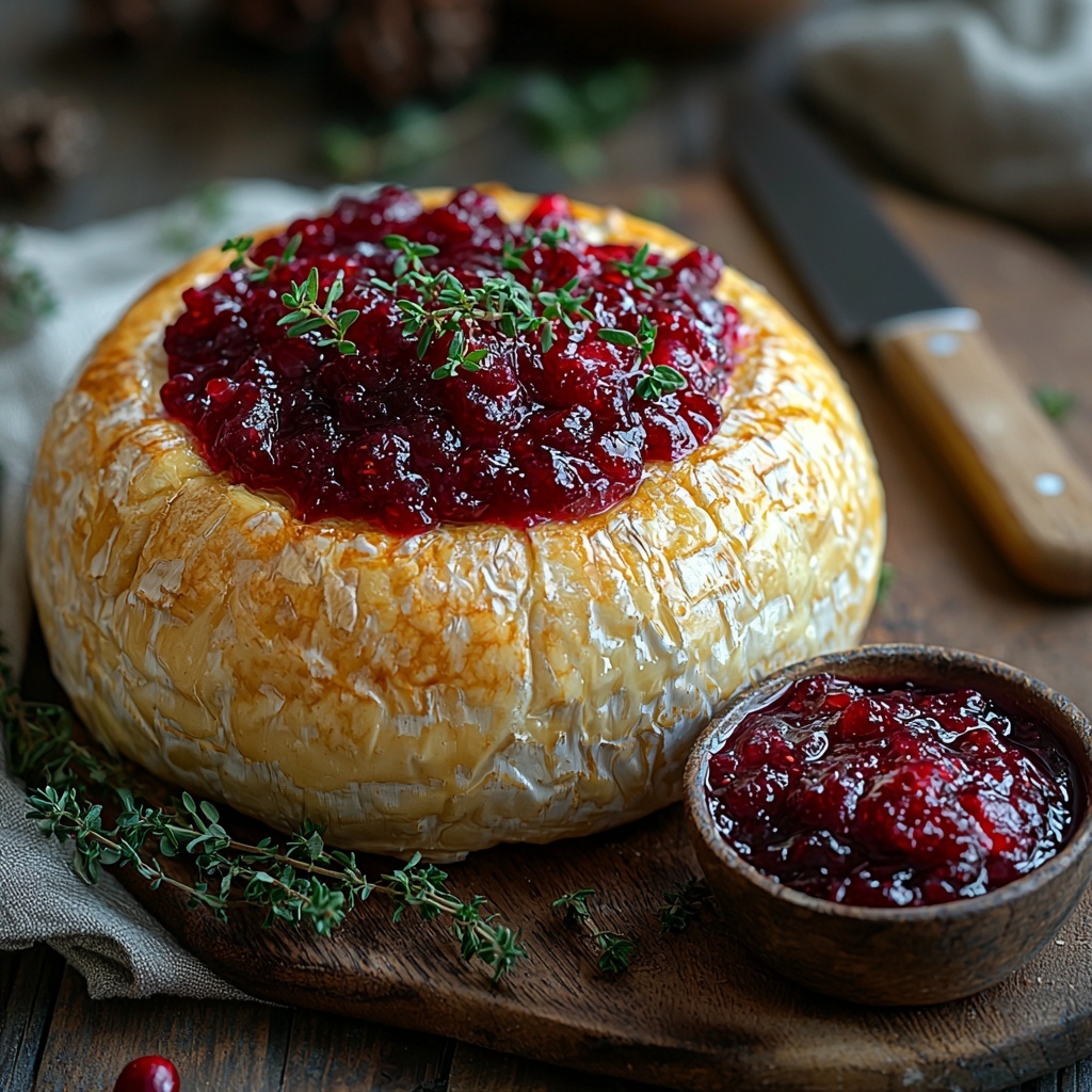 bread boule round loaf, whole wheel of creamy brie cheese with rind, vibrant red cranberry sauce in a small bowl, fresh green thyme sprigs loosely scattered, all arranged on a clean, light wooden surface; the bread placed slightly off-center with a rustic texture, the brie wheel nearby showing smooth, pale yellow cheese with white rind, the glossy cranberry sauce adding a rich pop of color, thyme leaves adding fresh natural contrast; soft natural lighting emphasizing textures and colors, minimal shadows, subtle linen napkin folded delicately at the edge, simple wooden-handled cheese knife placed casually; overhead shot, top down view, flat lay photography, professional food styling --ar 1:1 --q 2 --s 750 --v 6.1