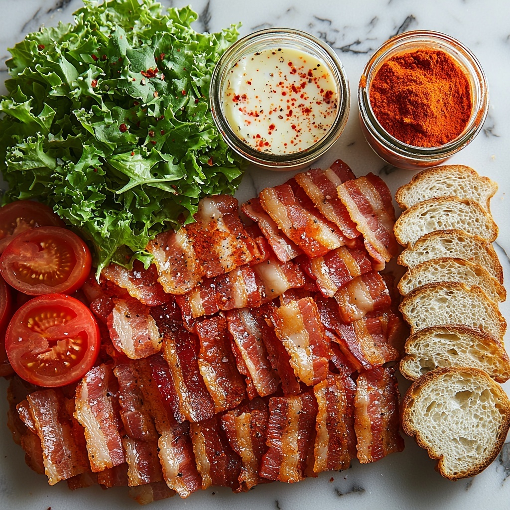 Thick-cut crispy bacon strips arranged in a rustic pile, bright green tomatoes sliced ¼ inch thick neatly fanned out, small bowls of golden cornmeal and pale all-purpose flour with fine textures, a shallow dish with mixed egg wash showing creamy white and yellow hues, piles of coarse ground spices including cayenne red, black pepper specks, reddish paprika, and a light dusting of salt and sugar crystals. Fresh, crisp green lettuce leaves with vivid veining layered beside the ingredients. A small glass jar with creamy pale yellow remoulade sauce speckled with red spices and visible horseradish flecks, nearby toasted white bread slices stacked in a clean, minimal pile showing golden browned surfaces and soft crumb interiors. Clean white background surface enhancing the color contrast and texture detail, soft natural light casting gentle shadows to emphasize food textures, minimal props for a modern, fresh, and inviting look. Overhead shot, top down view, flat lay photography, professional food styling --ar 1:1 --q 2 --s 750 --v 6.1